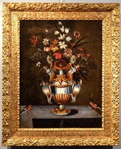 Antique Flowers Paint Oil on canvas Old master 17th Century Italy Still-life Art  
