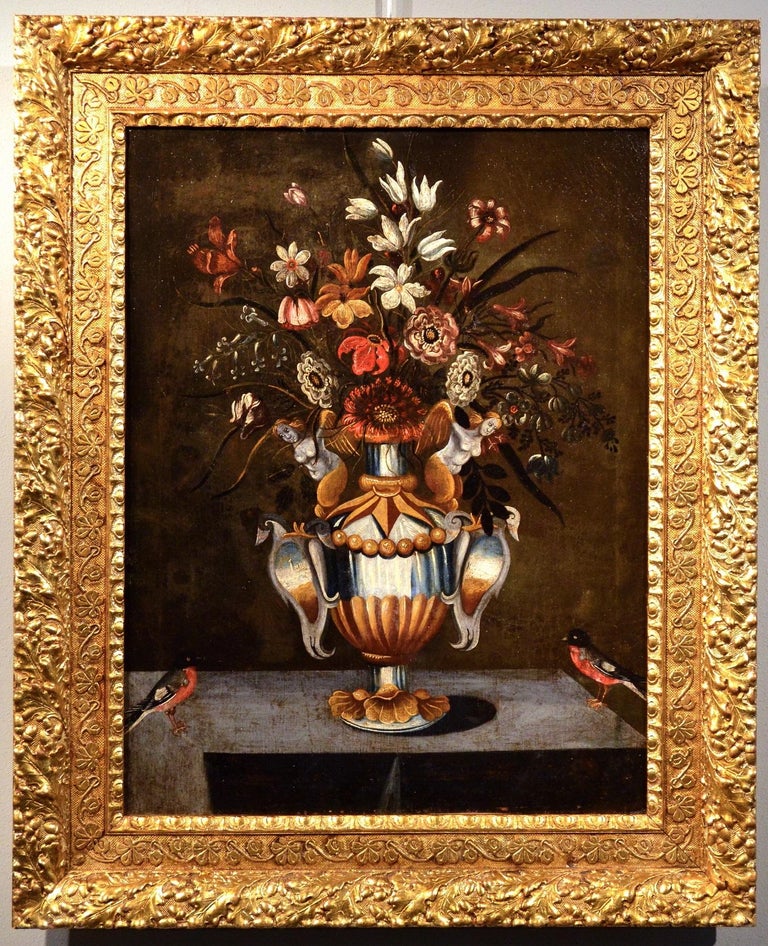 Master of the Grotesque Vase (active in Rome and Naples in the first quarter of the 17th century) Still-Life Painting - Flowers Paint Oil on canvas Old master 17th Century Italy Still-life Art  