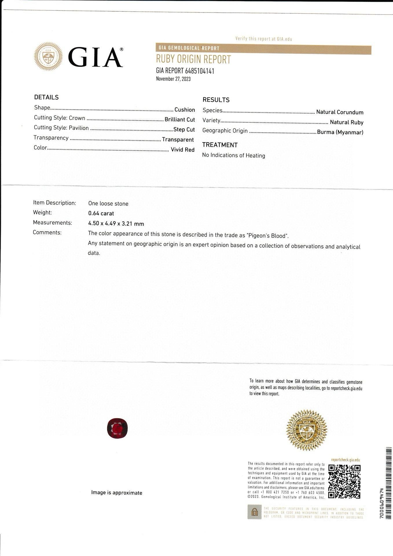 Rubí de Birmania natural sin calentar certificado GIA Color rojo vivo sangre de paloma 0,64 ct en venta 3