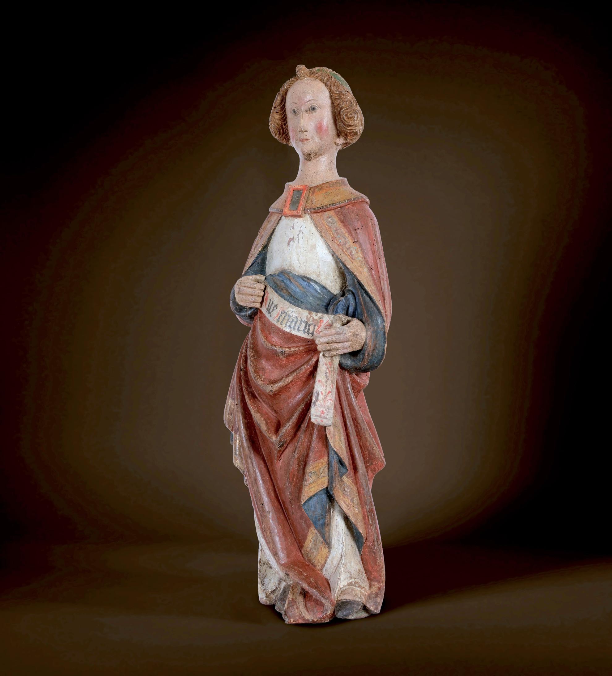 Angel of the Annunciation
Prague workshop from the circle of Master Theoderich
(mentioned from 1359 to 1368)
Around 1380/90

Carved & polychrome painted limewood
Height 88 cm

An angel of the Annunciation – a masterpiece of Gothic sculpture in the