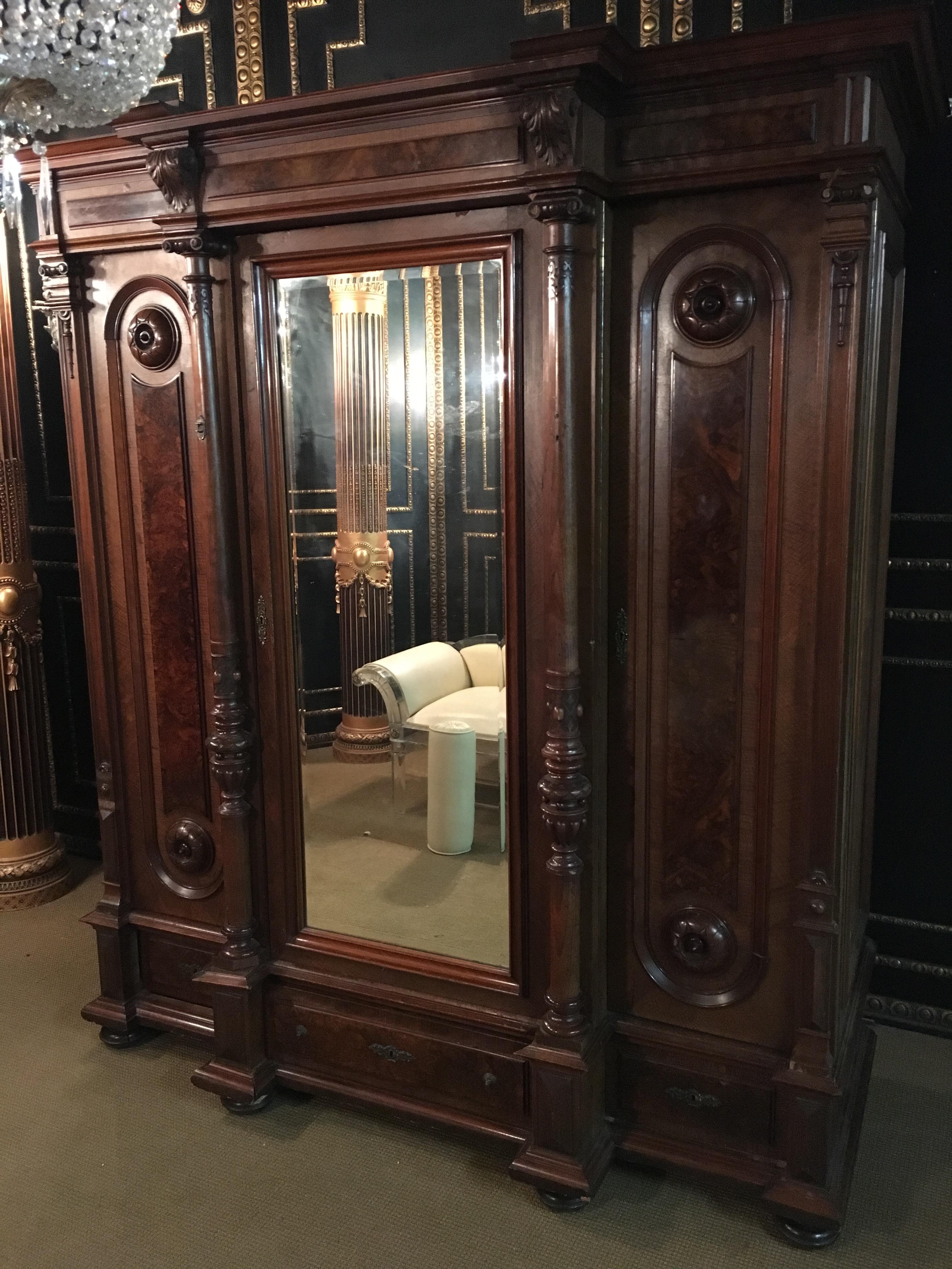 Victorian Master Wardrobe from 1880 Solid Oak and Veneered Root Walnut