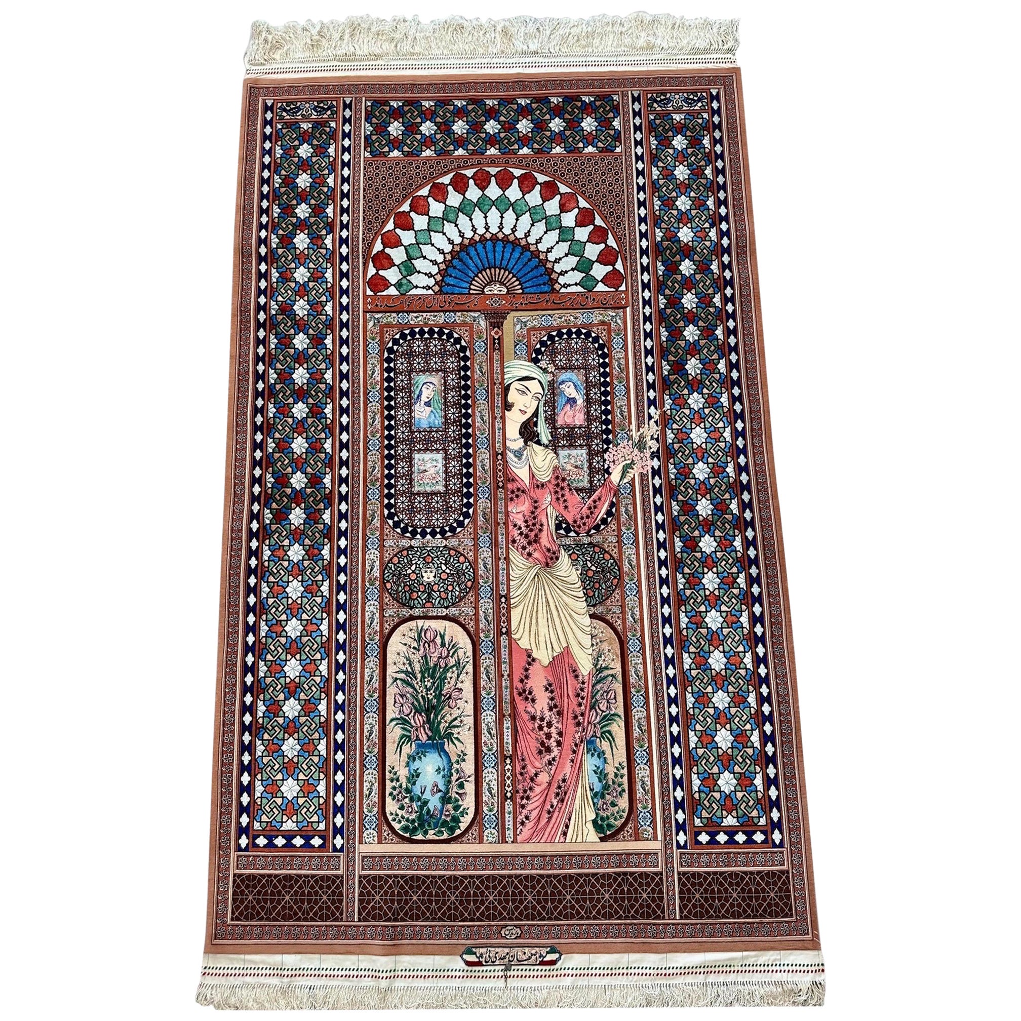 Tappeto pittorico in seta persiana del maestro tessitore Akbar Mahdiei in vendita