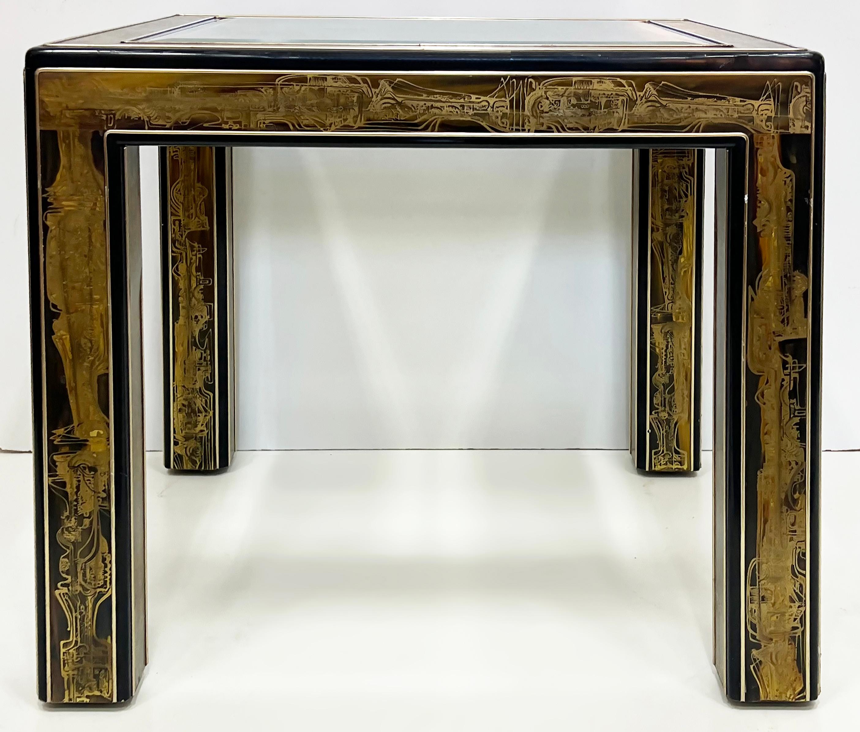  Mastercraft 1970s Bernhard Rohne Etched Brass Side Tables, Pair, Beveled Glass

Offered for sale is a pair of 1970s Mastercraft side tables by Bernhard Rohne.  Rohne is known for his acid-etched brass embellishment of Mastercraft furniture pieces. 