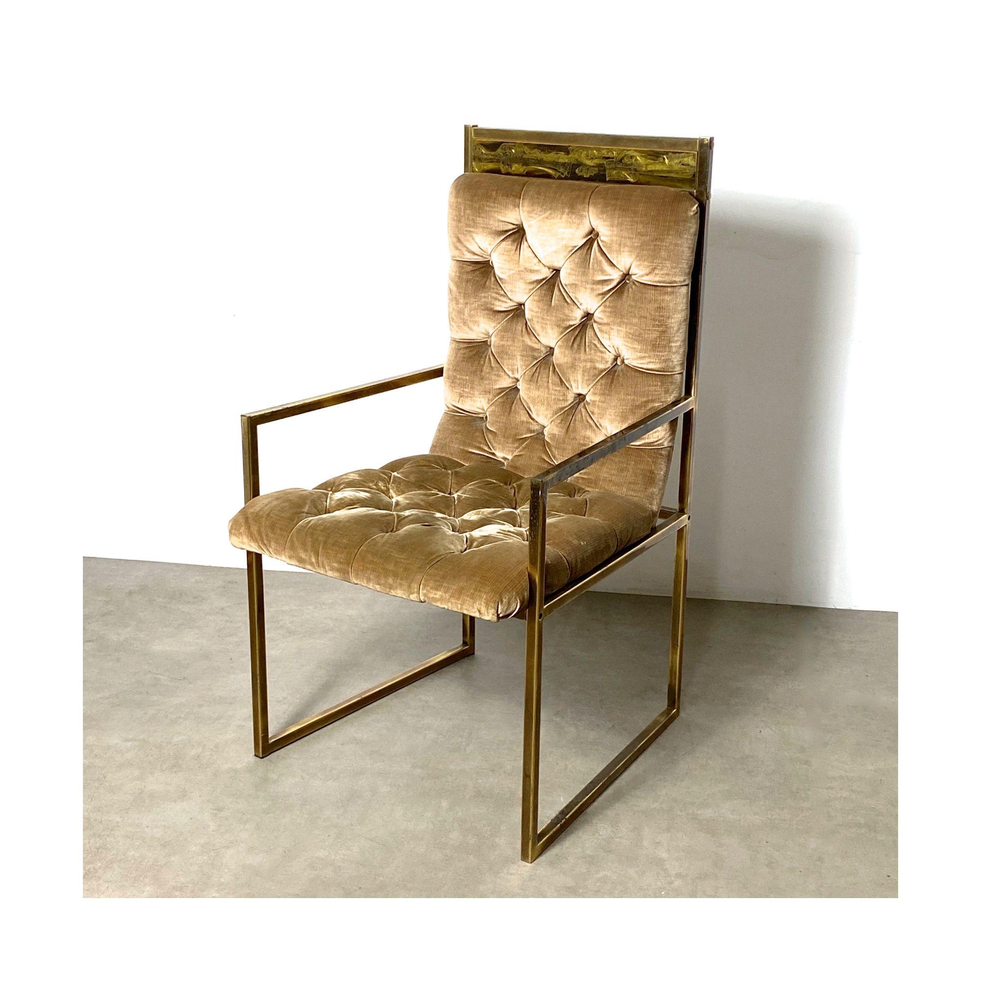 Bernhard Rohne Mastercraft Acid Etched Armchair

Rare armchair designed by Bernhard Rohne for Mastercraft circa 1970s
Brass frame with sloped tufted seat in original champagne velvet with signature acid etched brass upper detail 

Additional