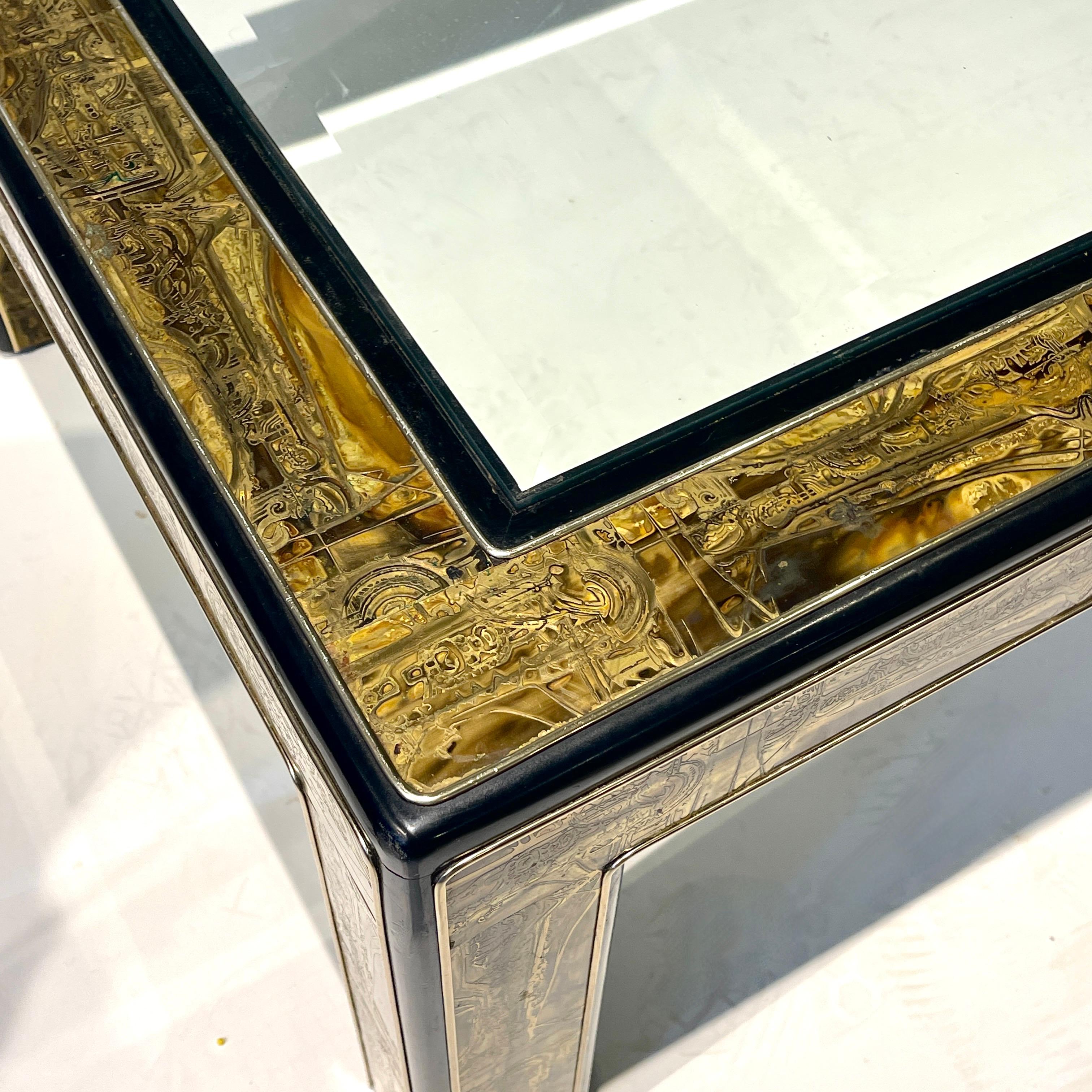 Mid-Century Modern Mastercraft Acid Etched Brass and Glass Coffee Cocktail Table by Bernhard Rohne
