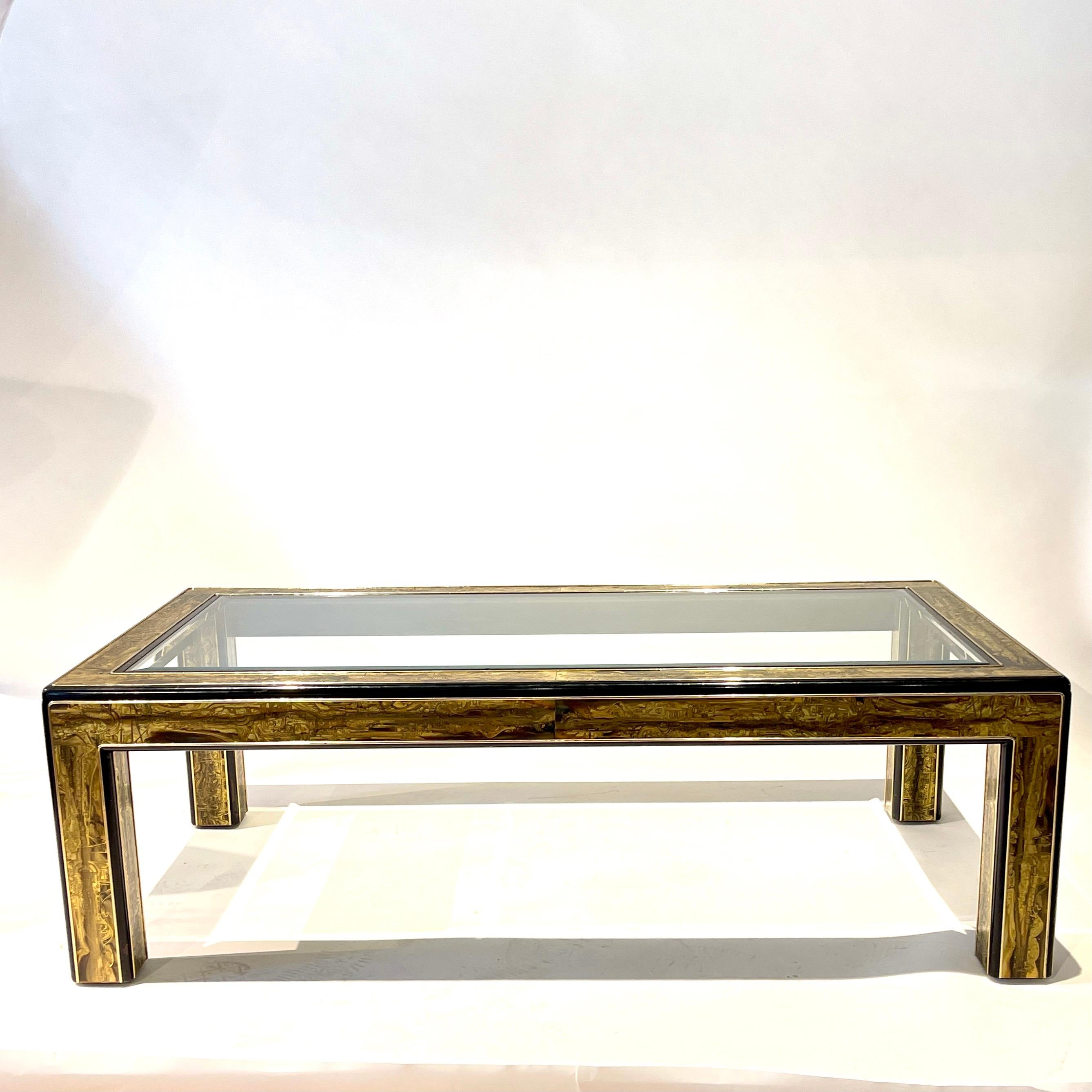 American Mastercraft Acid Etched Brass and Glass Coffee Cocktail Table by Bernhard Rohne