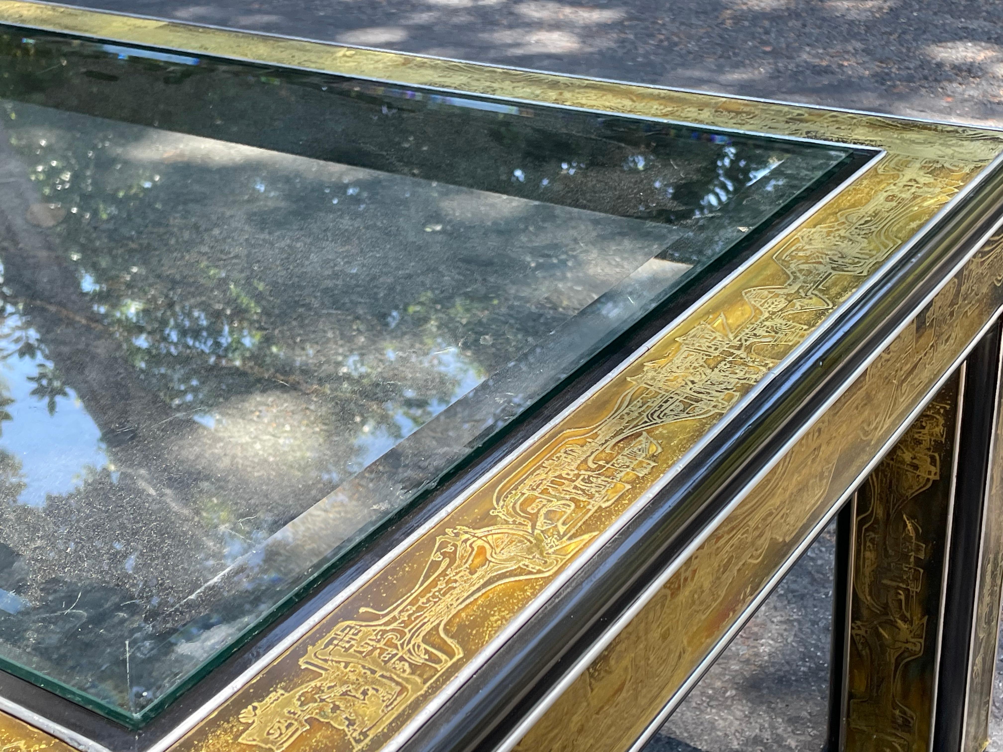 Mastercraft Acid Etched Brass Coffee Cocktail Table by Bernard Rohne 7