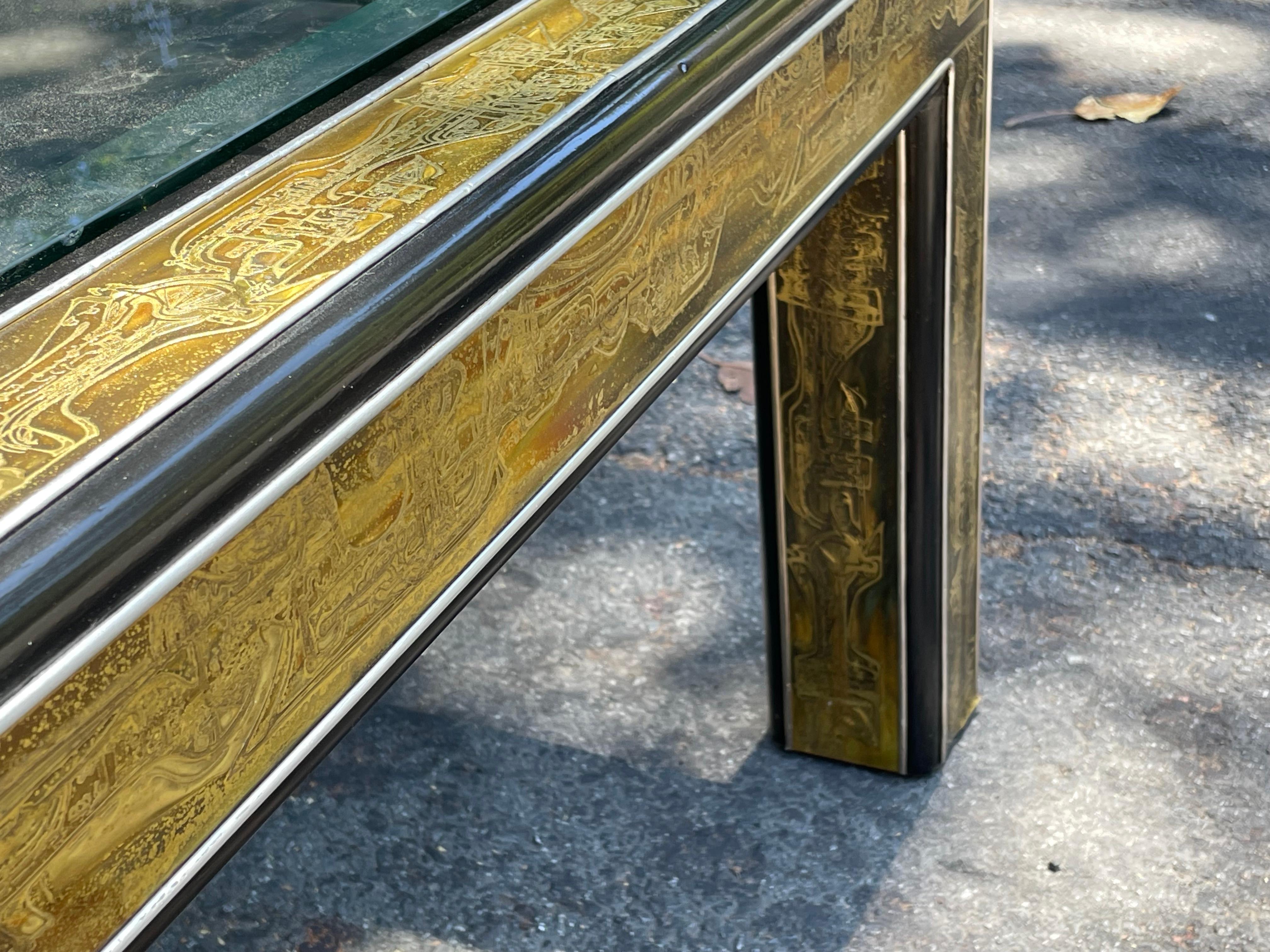 Late 20th Century Mastercraft Acid Etched Brass Coffee Cocktail Table by Bernard Rohne