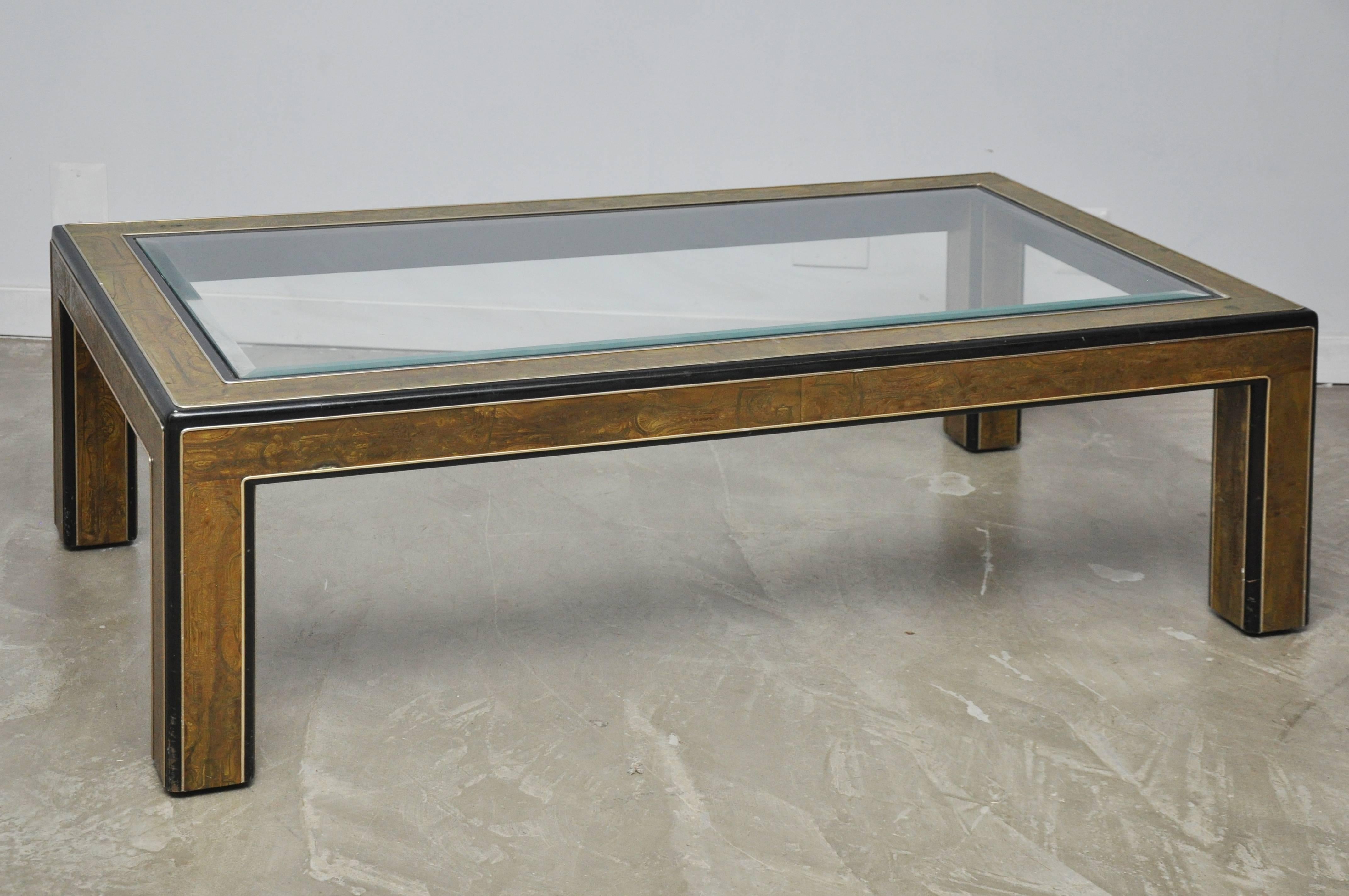 Acid etched brass coffee table by Bernhard Rohne for Mastercraft, circa 1970s.
   