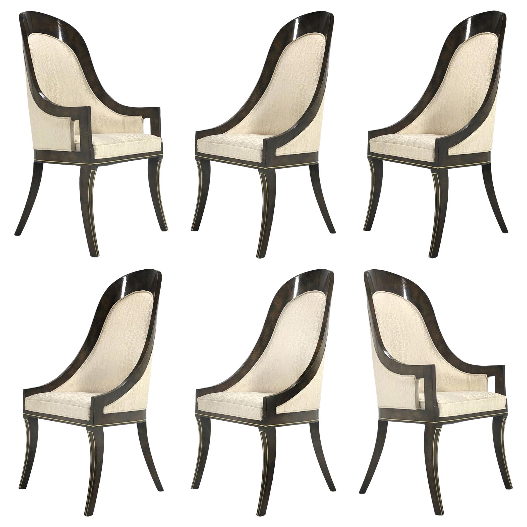 Mastercraft Amboyna & Brass Spoonback Dining Chairs For Sale