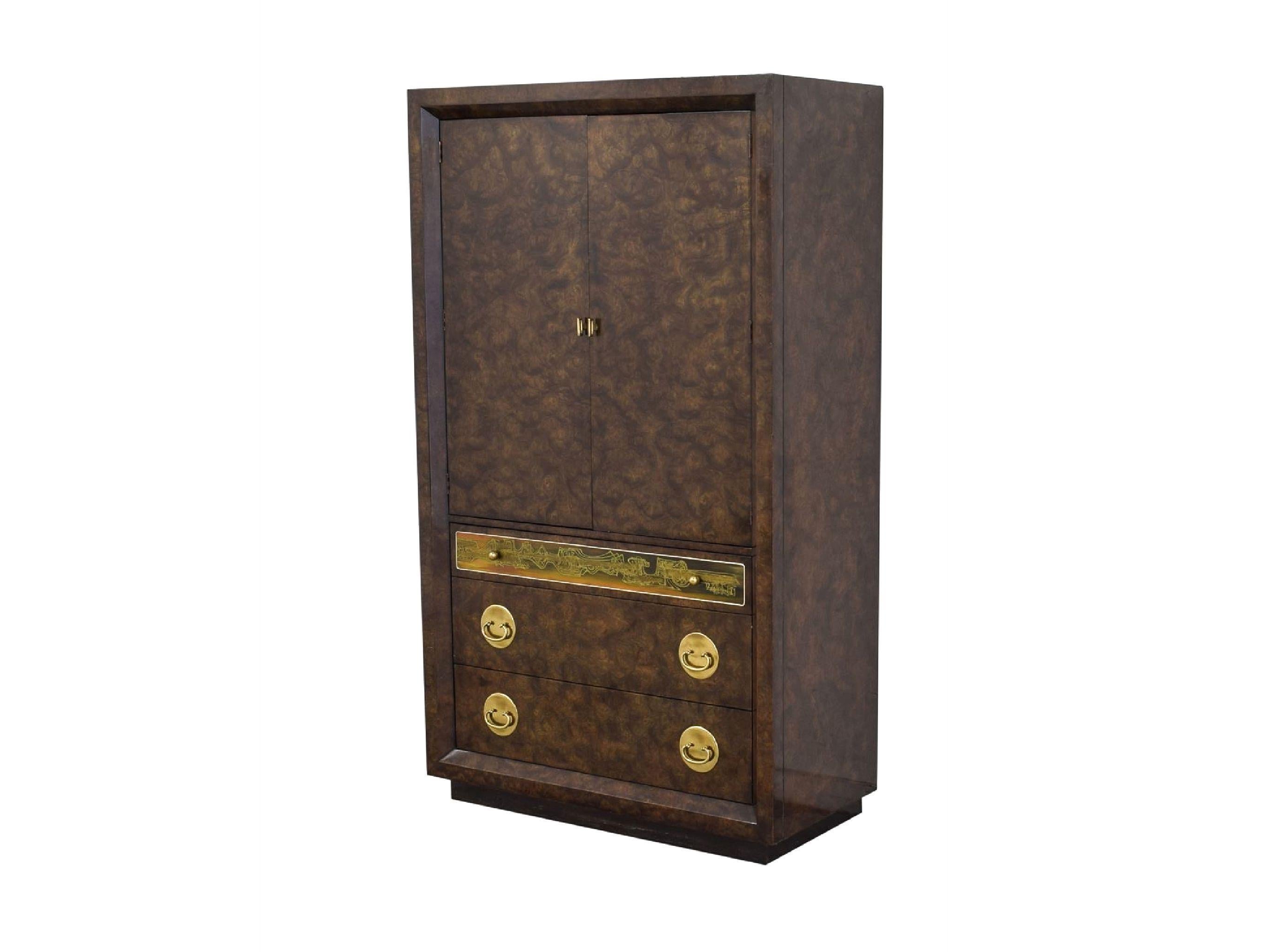 Mastercraft Amboyna burl and etched brass tallboy cabinet chest by Bernard Rohne. Three drawers at base. The double-doored upper compartment opens to three drawers and a shelf. Rich original finish and lovely acid-etched brass panel and hardware.