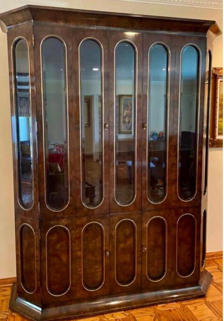Mastercraft Amboyna wood and brass inlaid showcase display cabinet.