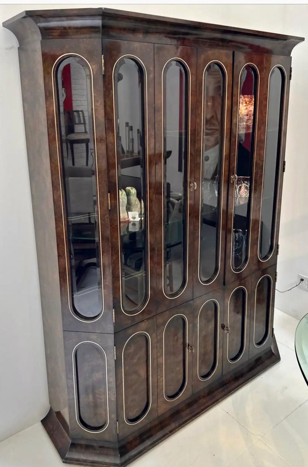 Late 20th Century Mastercraft Amboyna Wood and Brass Inlaid Showcase Display Cabinet