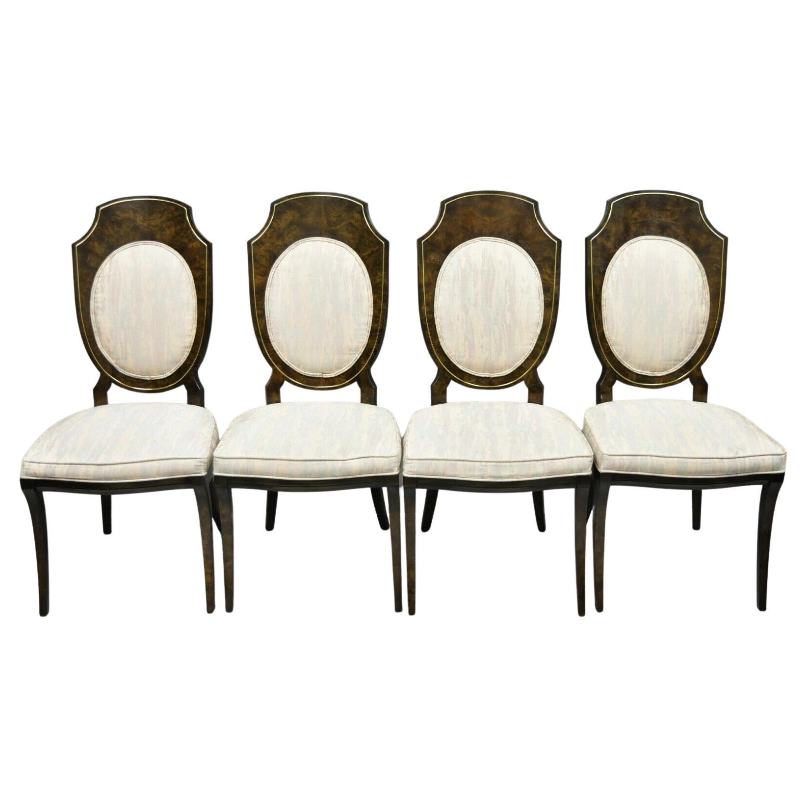 Mastercraft Amboyna Wood Brass Trim Oval Back Dining Chairs, Set of 4
