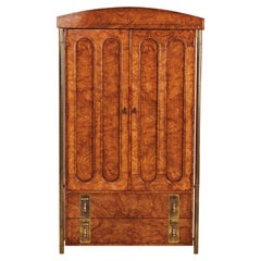Mastercraft Armoire Chest of Drawers in Burl Wood and Brass, Hollywood Regency