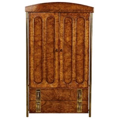 Mastercraft Armoire Chest of Drawers in Burl Wood and Brass, Hollywood Regency