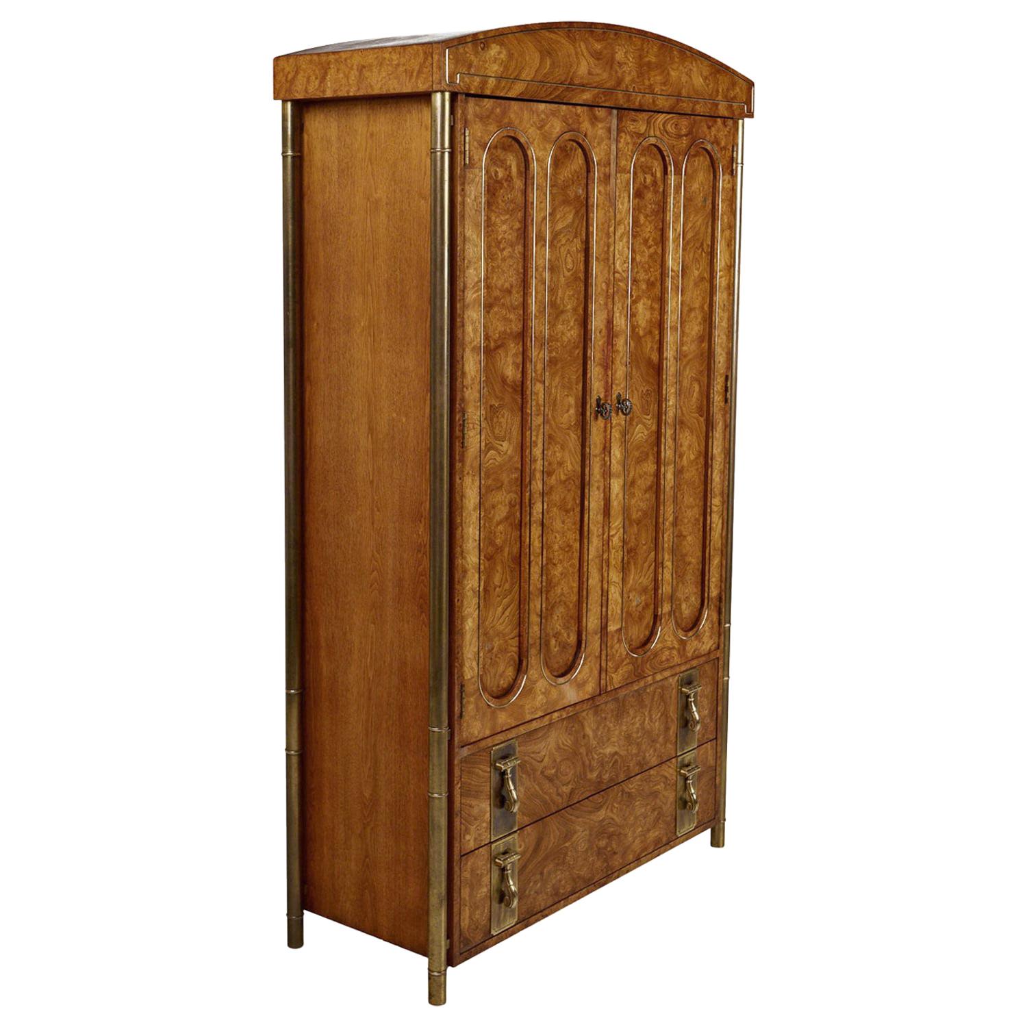 Mastercraft Armoire Chest of Drawers in Burl Wood and Brass, Hollywood Regency