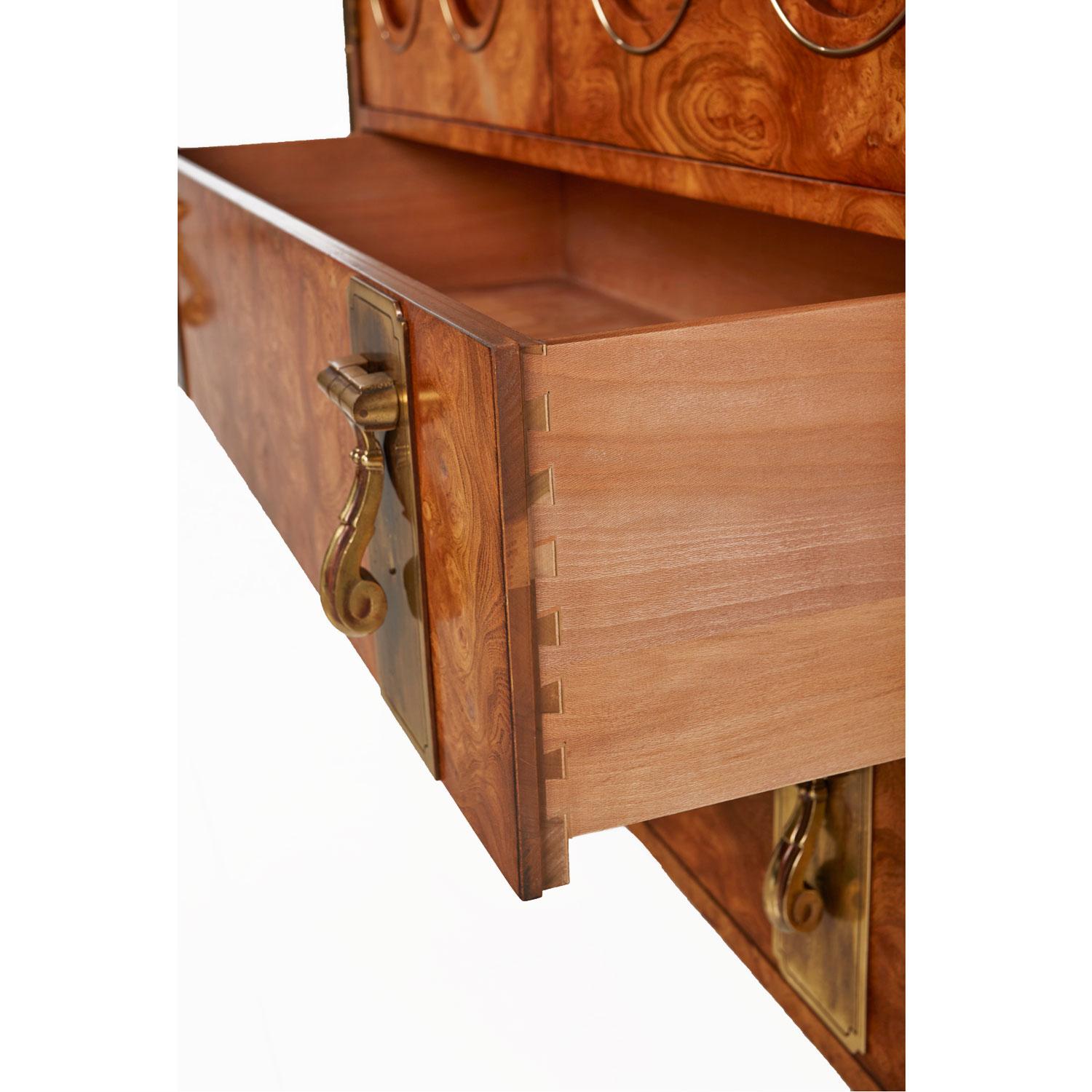 American Mastercraft Armoire Chest of Drawers in Burl Wood and Brass, Hollywood Regency