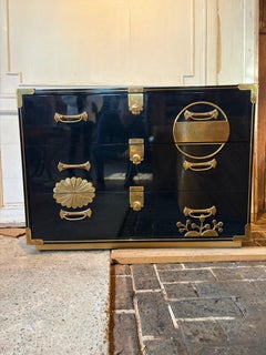 Mastercraft Asian Campaign Style Black Lacquer Chest with Brass Mountings, 1980s