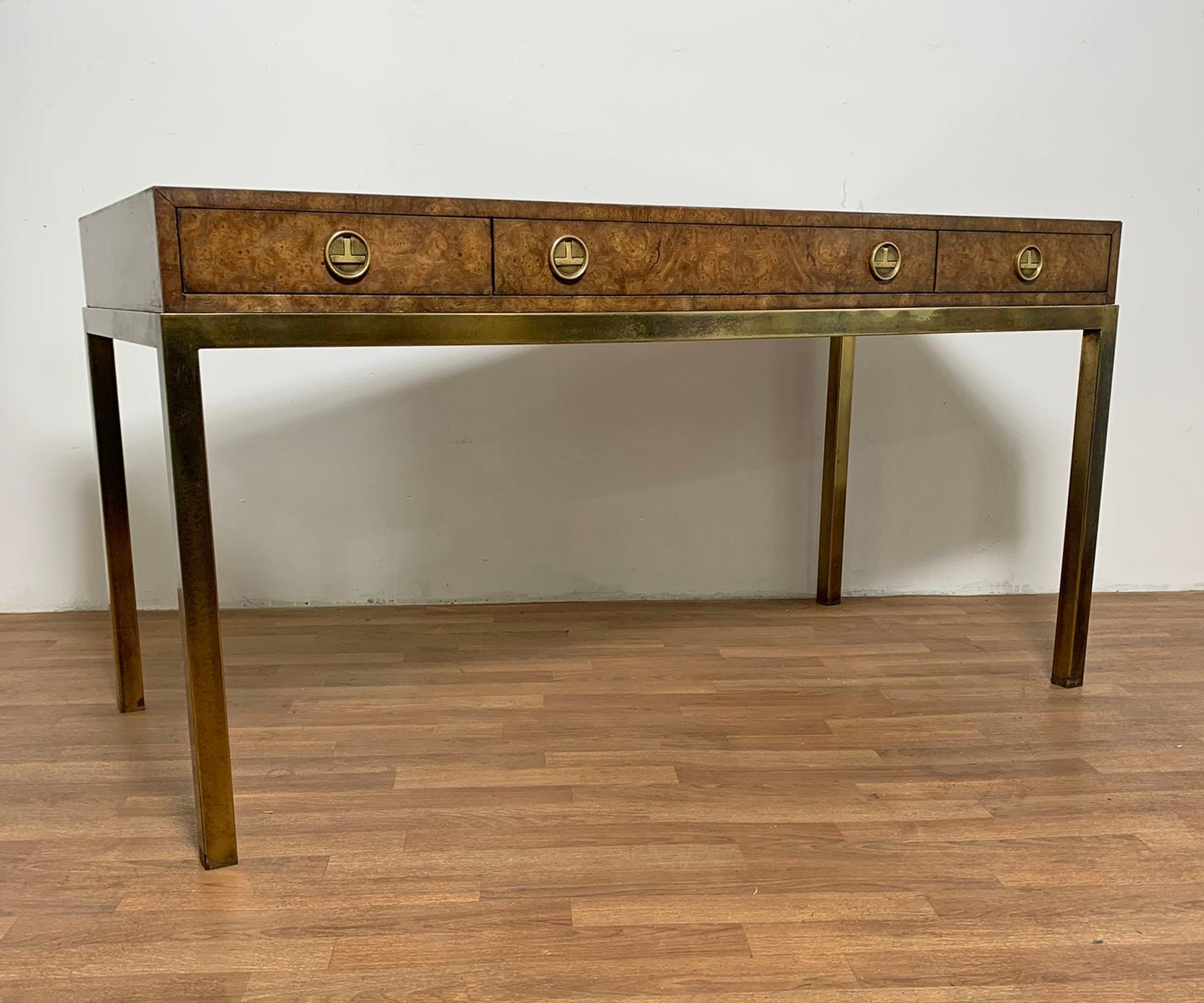 American Mastercraft Attributed Campaign Style Desk in Burlwood and Brass Circa 1960s