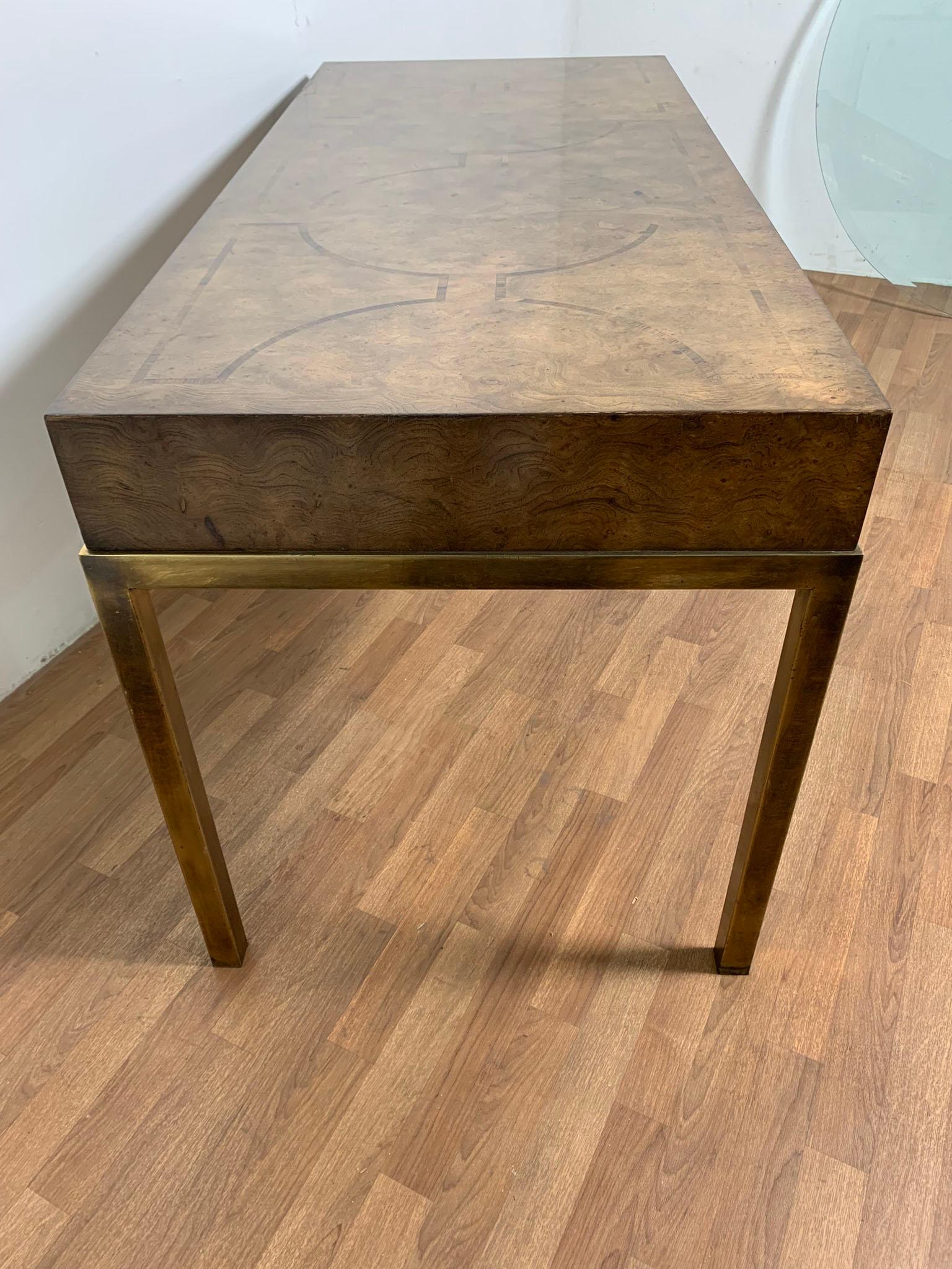 Mastercraft Attributed Campaign Style Desk in Burlwood and Brass Circa 1960s In Good Condition In Peabody, MA