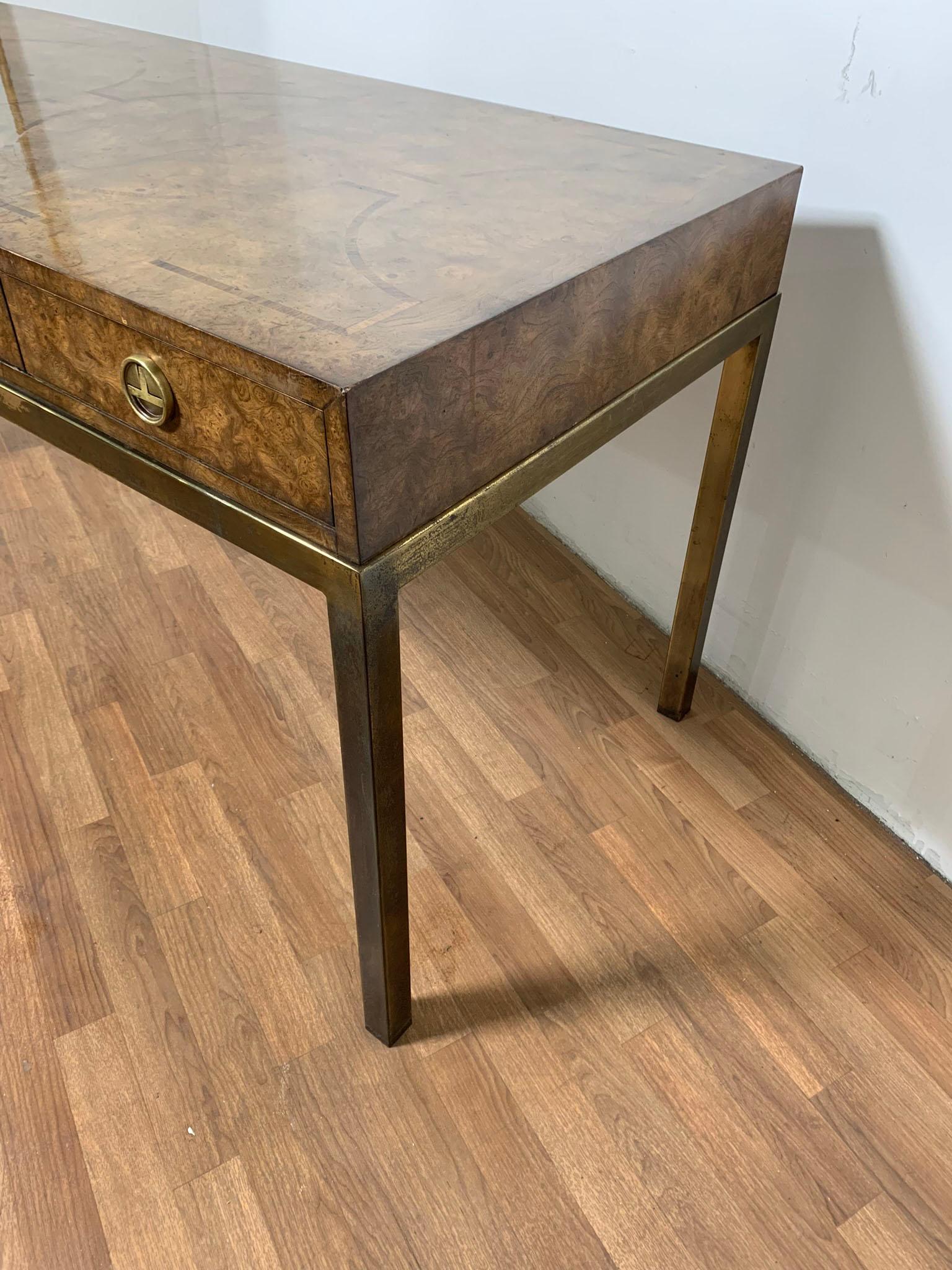 Mastercraft Attributed Campaign Style Desk in Burlwood and Brass Circa 1960s 1