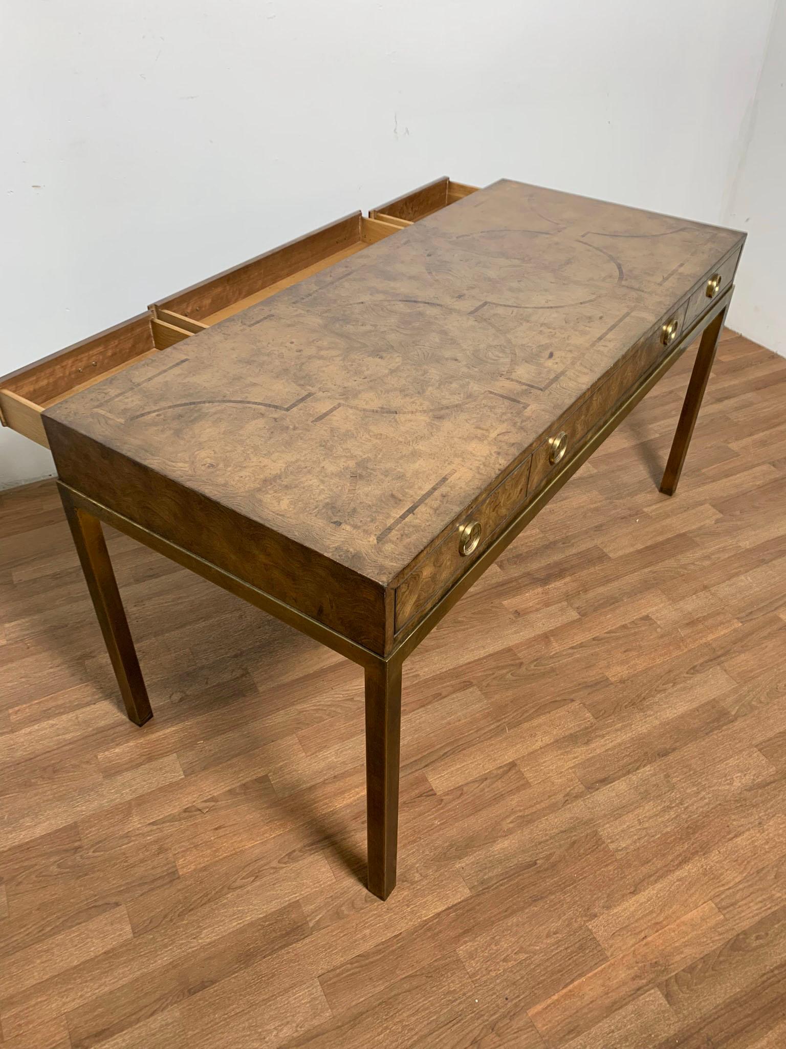 Mastercraft Attributed Campaign Style Desk in Burlwood and Brass Circa 1960s 2