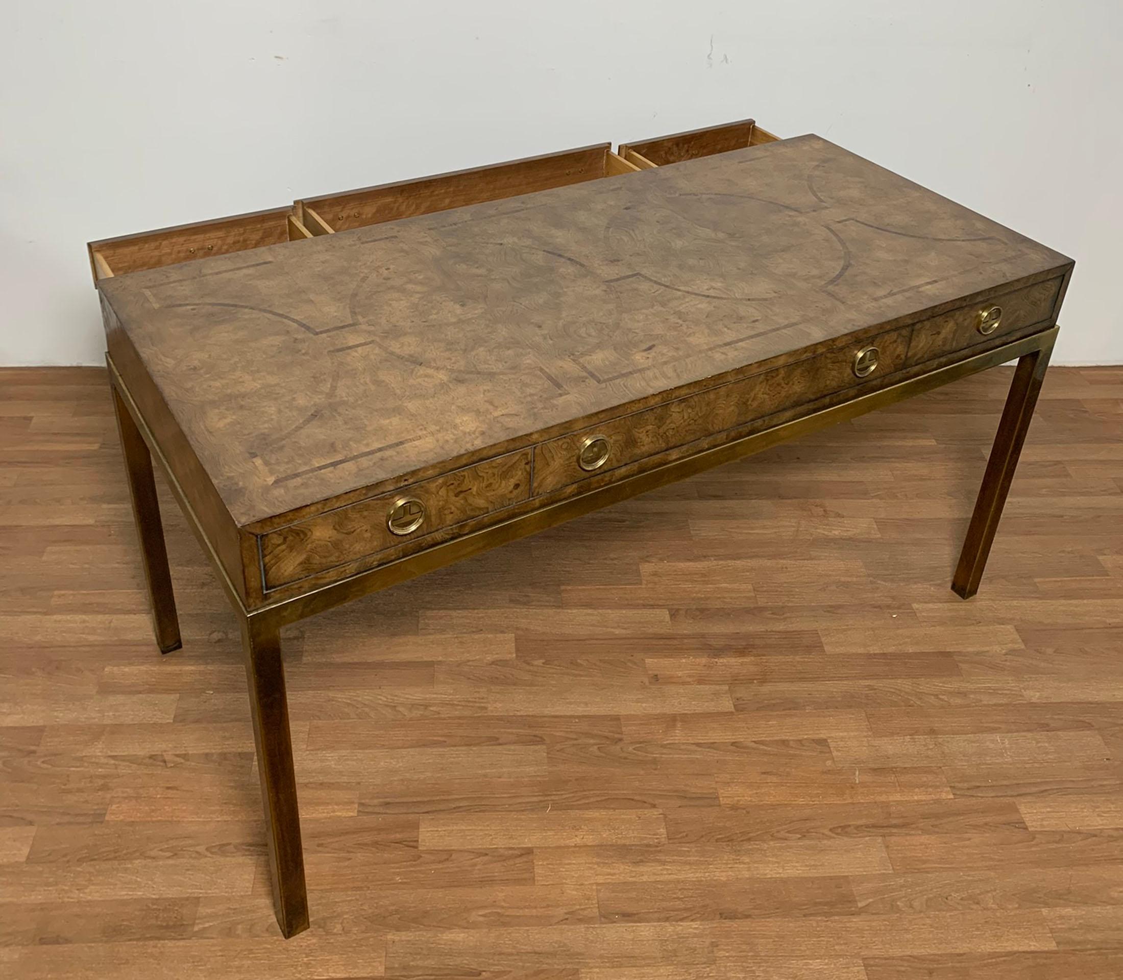 Mastercraft Attributed Campaign Style Desk in Burlwood and Brass Circa 1960s 3