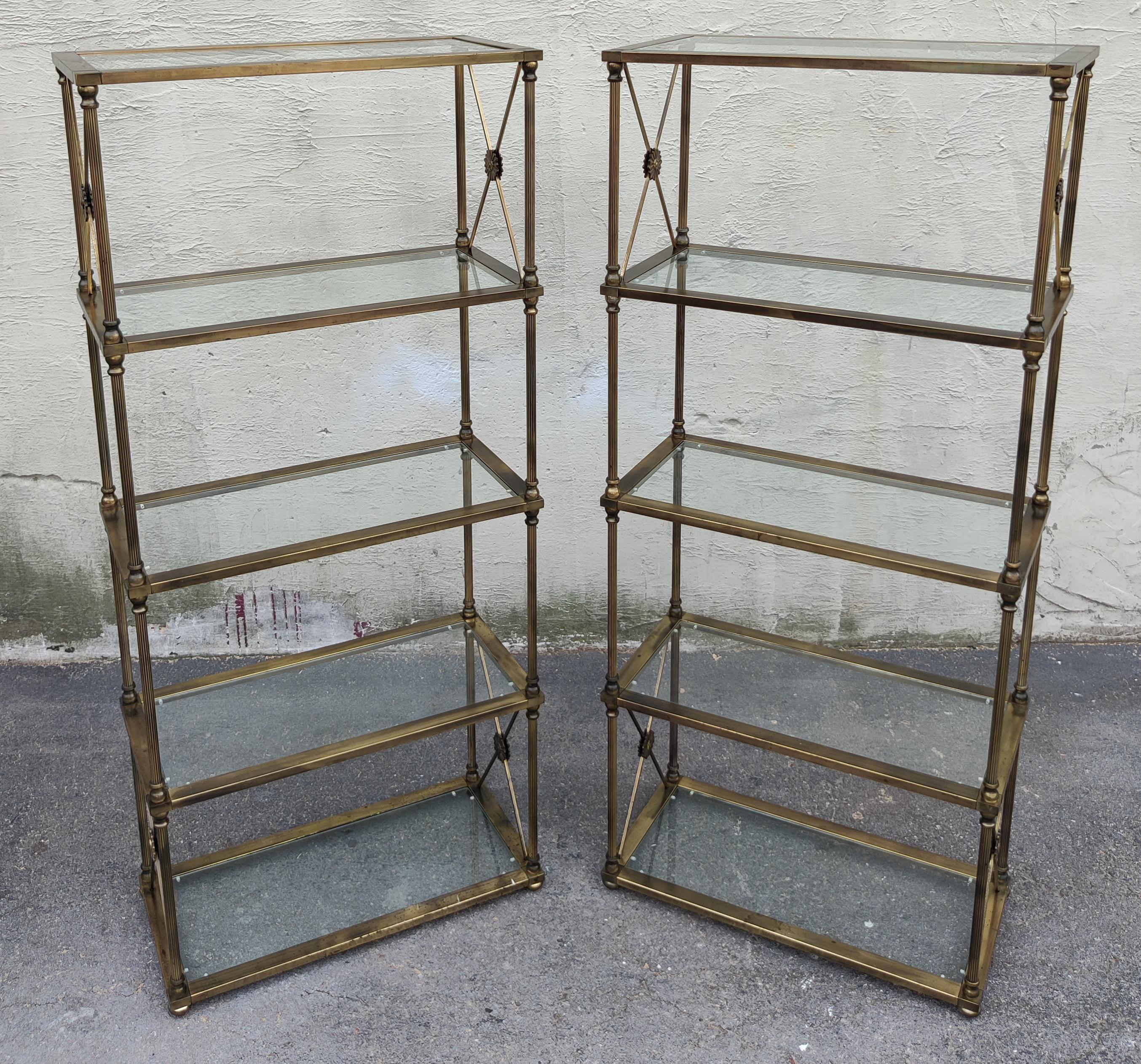 Mastercraft Attribution Pair Aged Brass & Glass Etegeres 1960s Classical Styling 2