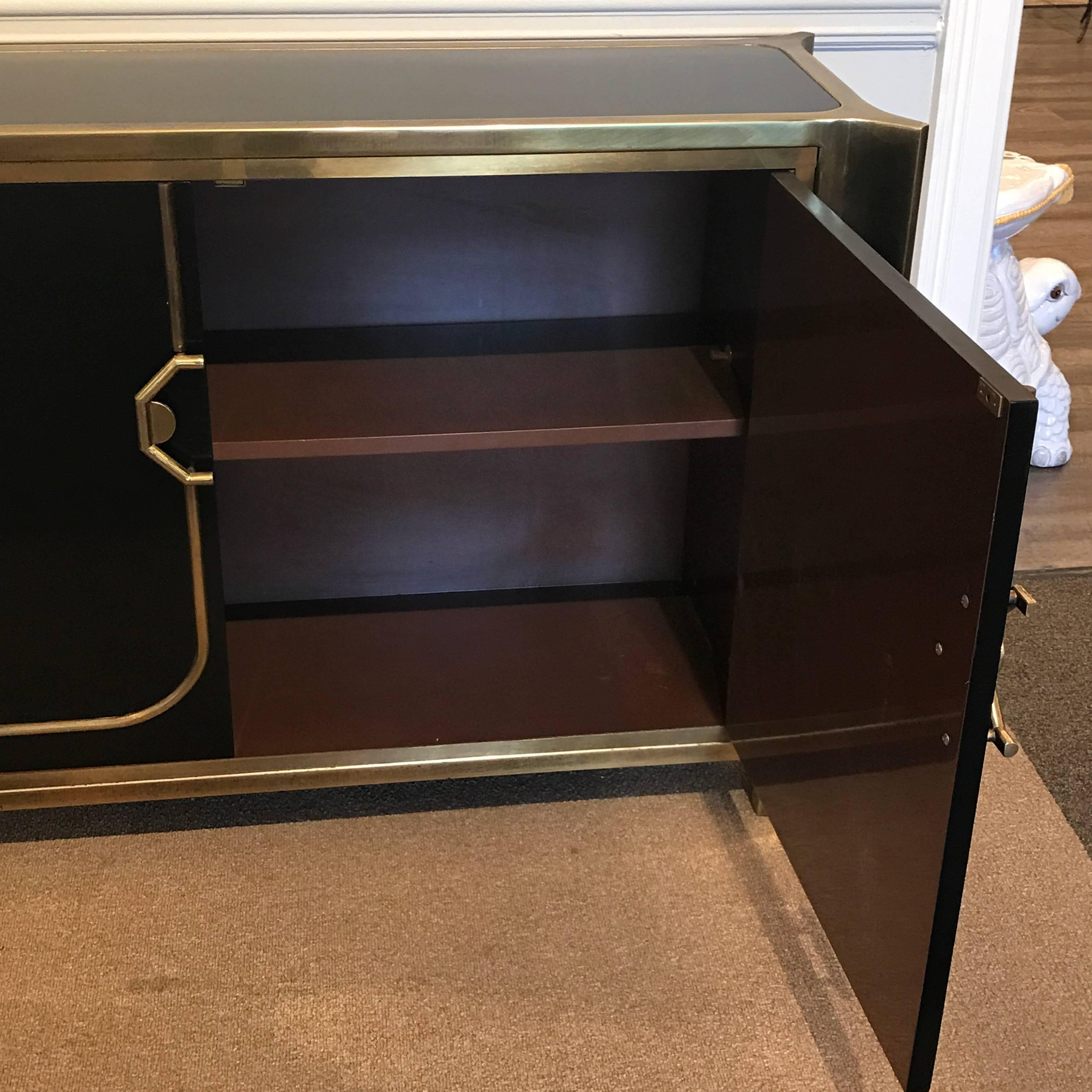 Mastercraft Black Lacquer and Brass Credenza For Sale 3