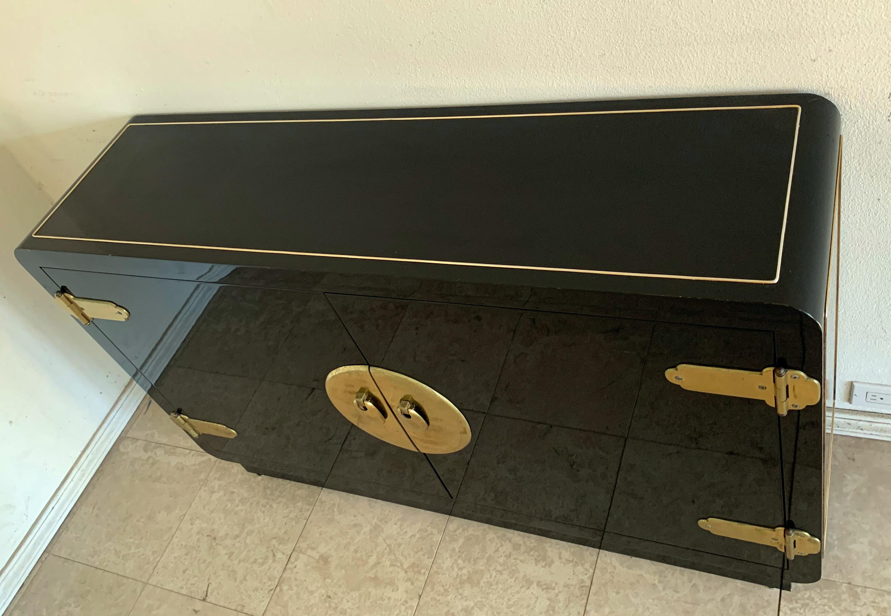 Chinoiserie Mastercraft Black Lacquer and Brass Cabinet Credenza