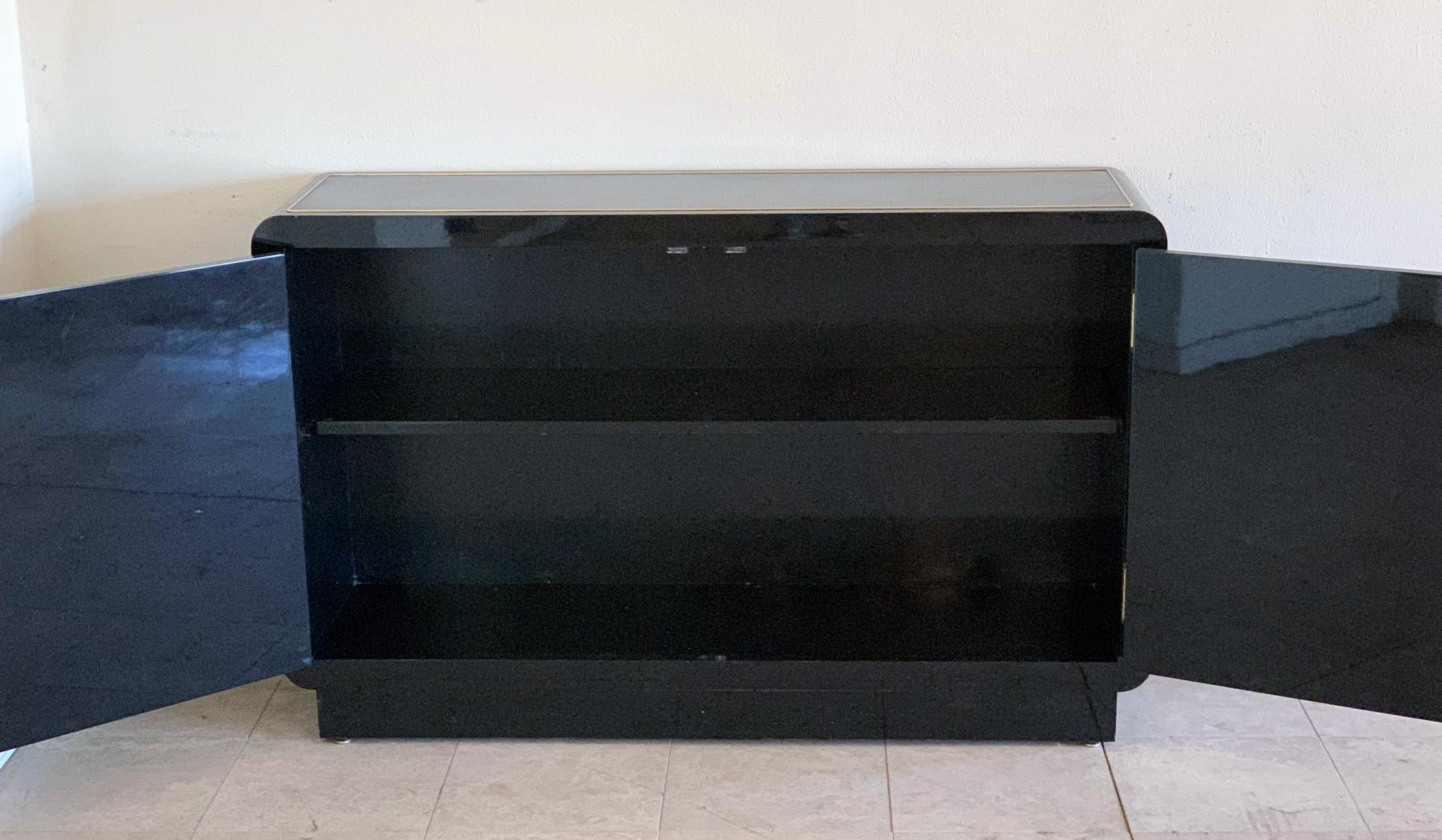 Late 20th Century Mastercraft Black Lacquer and Brass Cabinet Credenza