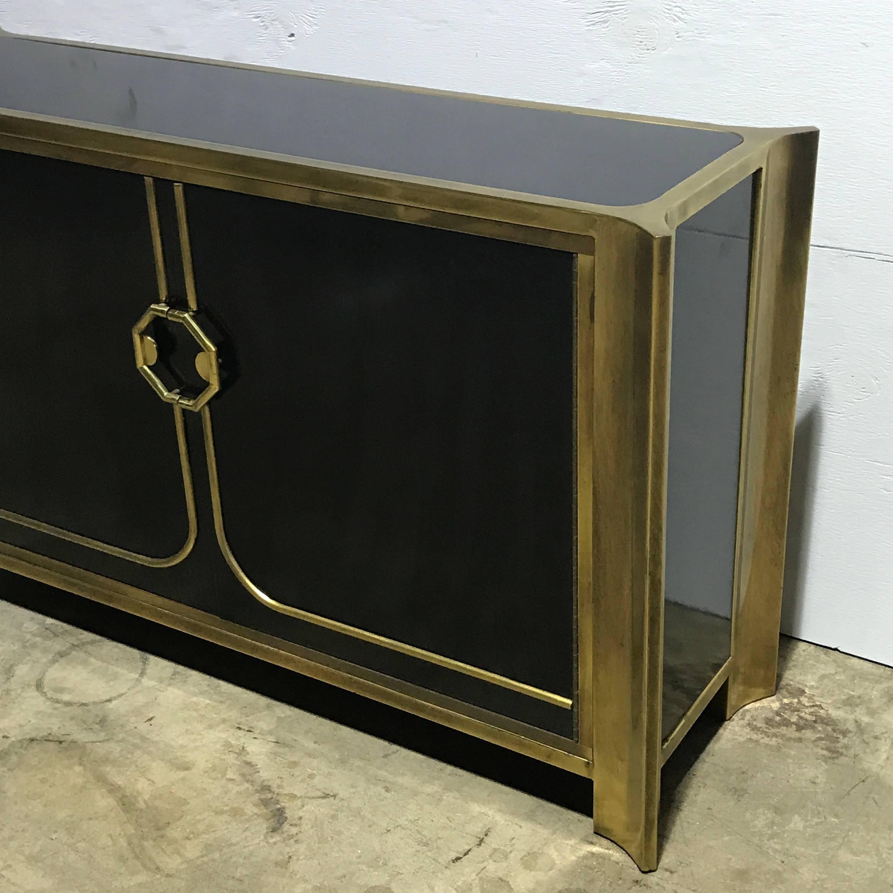 American Mastercraft Black Lacquer and Brass Credenza For Sale