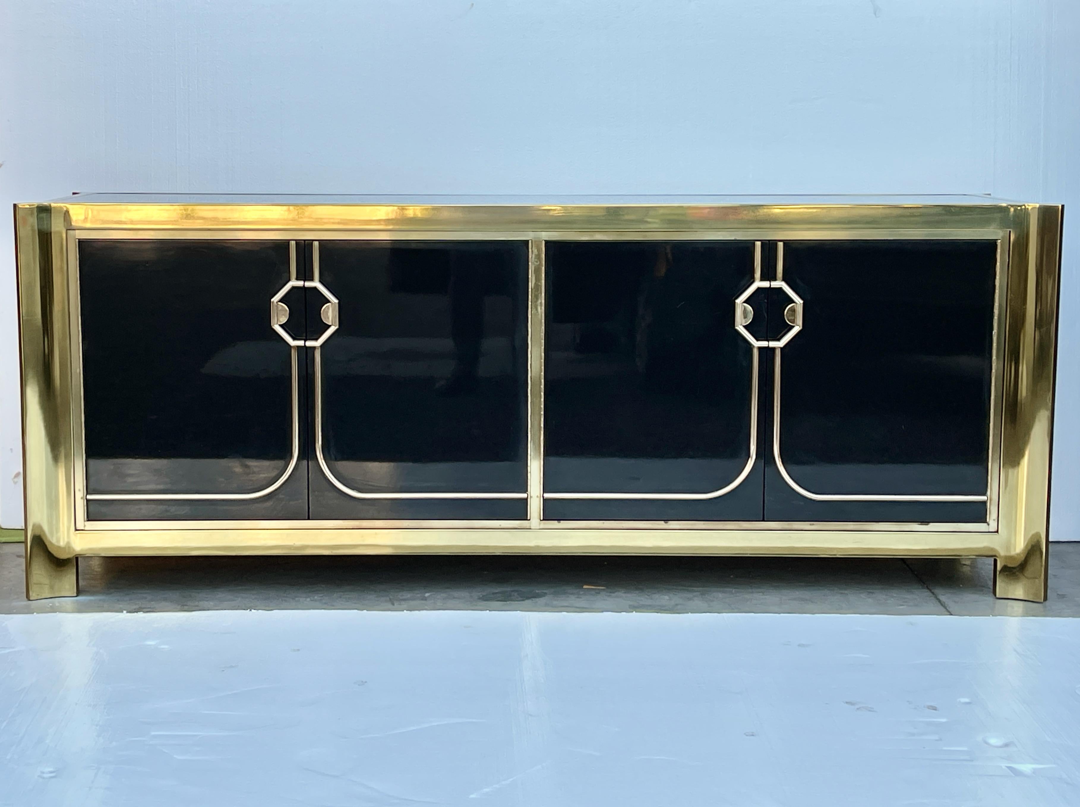 Late 20th Century Mastercraft Brass and Black Lacquer Sideboard For Sale