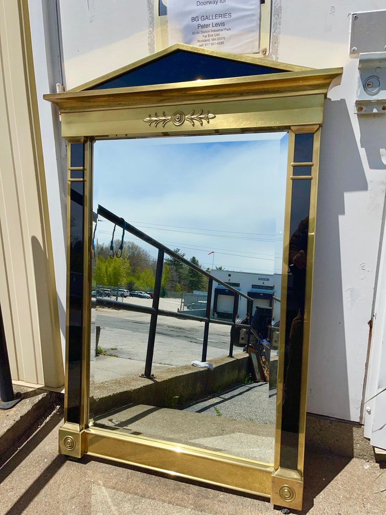 Late 20th Century Mastercraft Brass and Black Pedimented Mirror For Sale