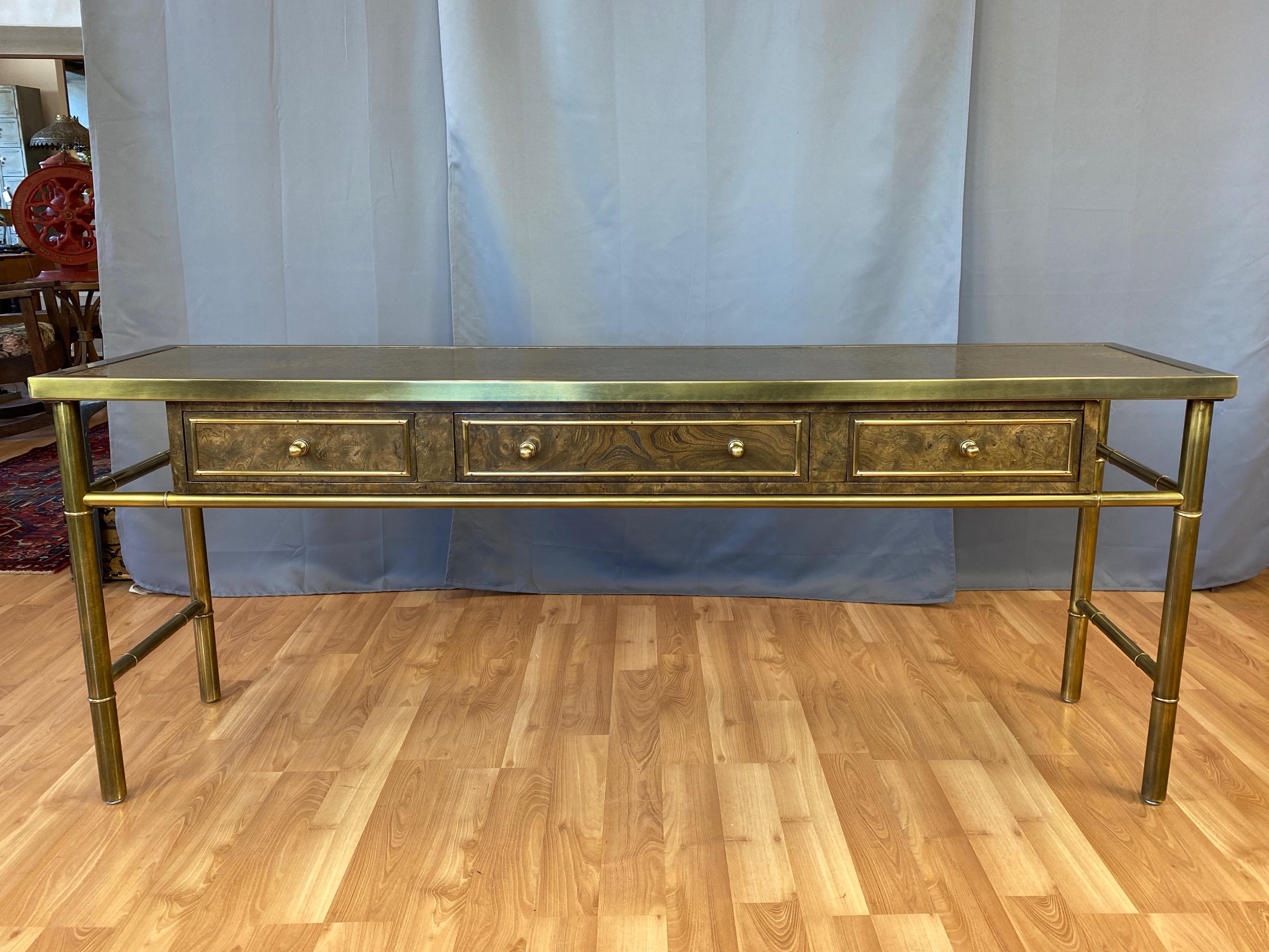 Mastercraft Brass and Burl Wood Three-Drawer Console Table, 1970s 3