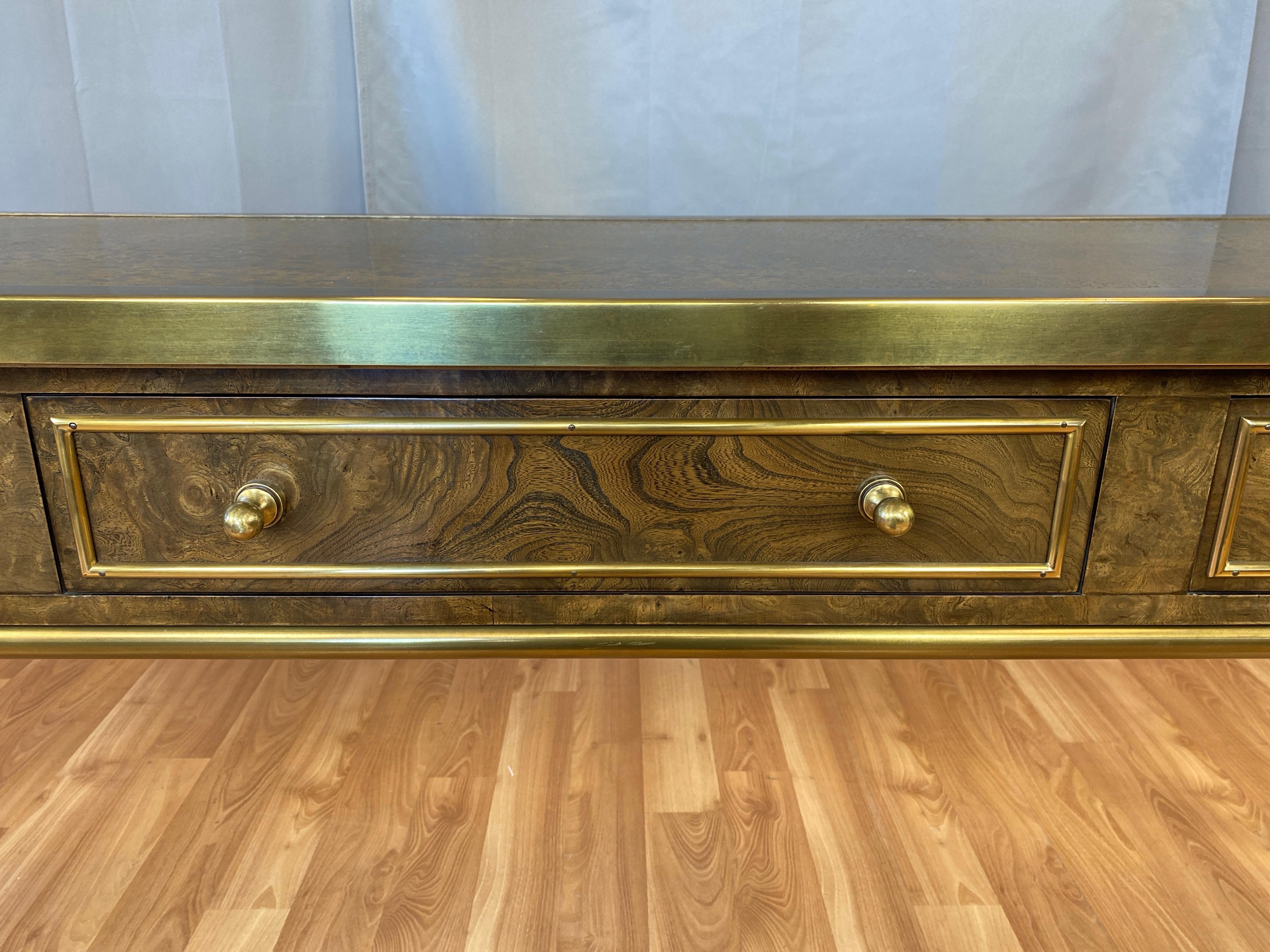 Mastercraft Brass and Burl Wood Three-Drawer Console Table, 1970s 4