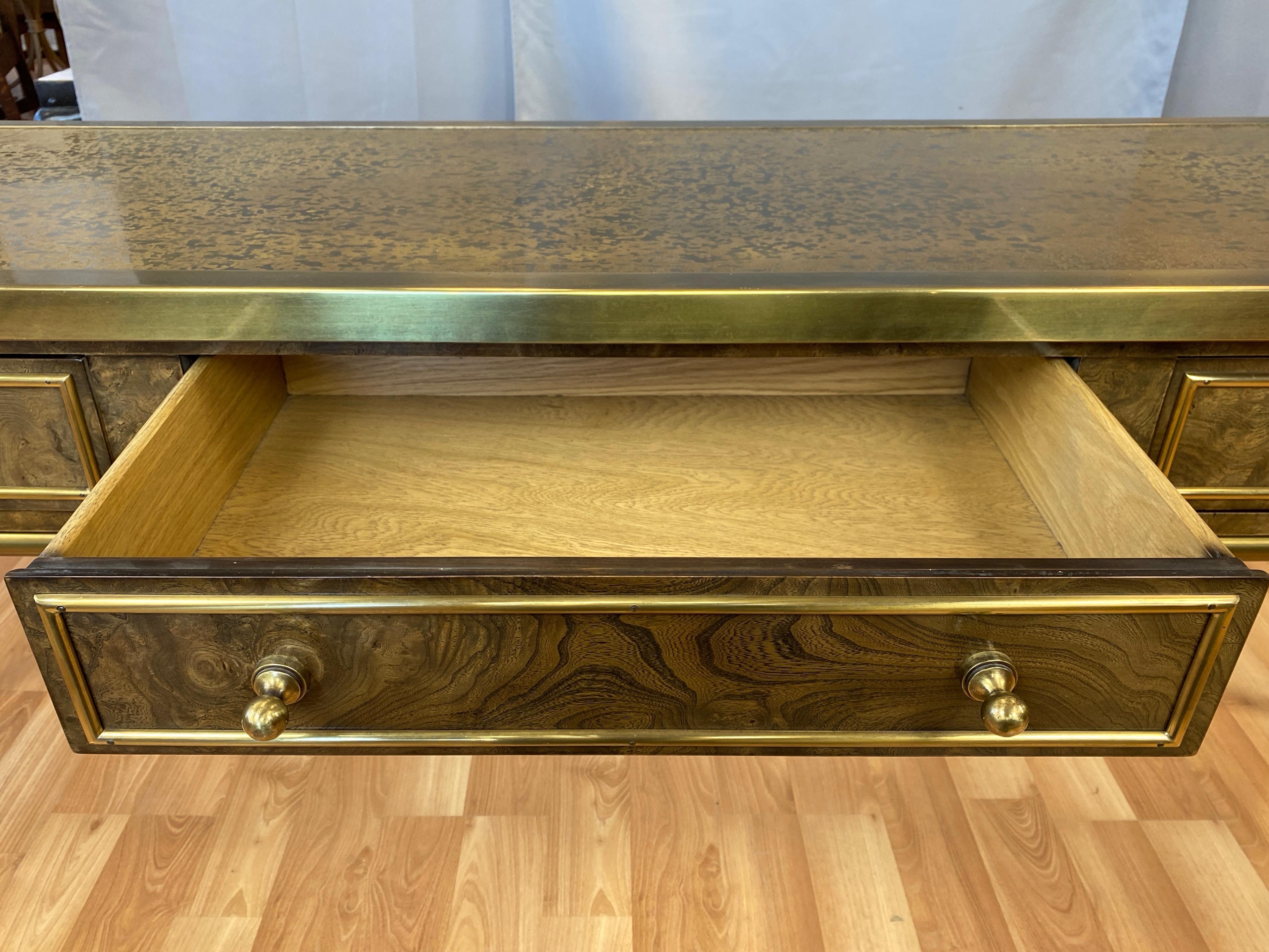 Mastercraft Brass and Burl Wood Three-Drawer Console Table, 1970s 5
