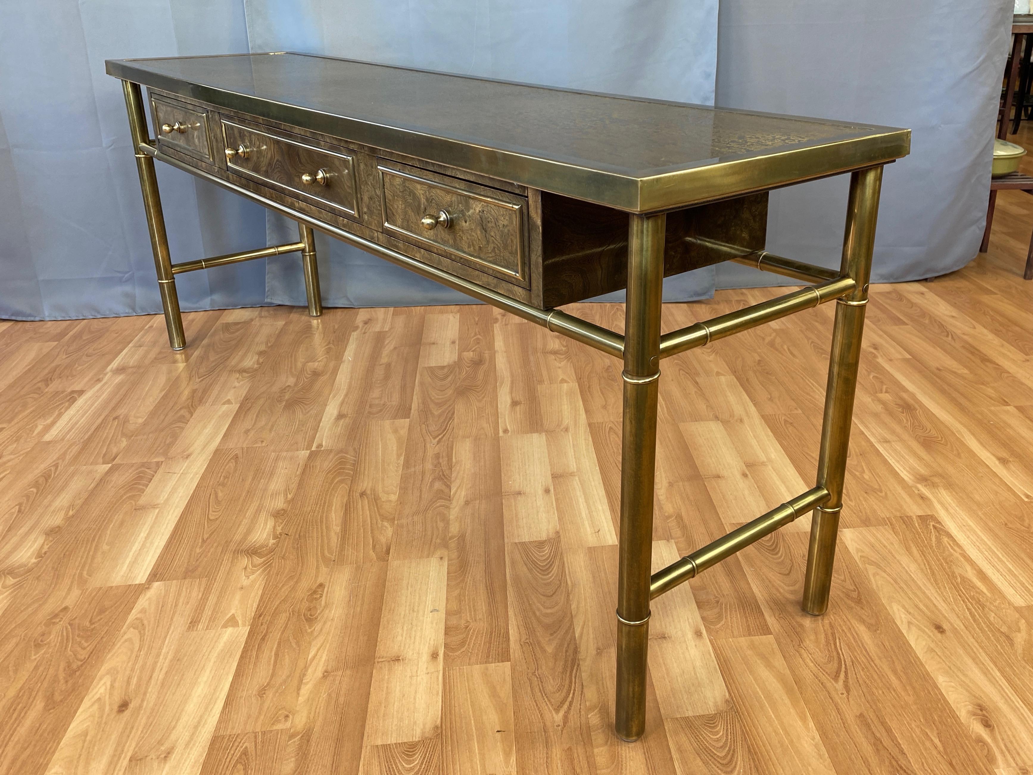 Mastercraft Brass and Burl Wood Three-Drawer Console Table, 1970s 7