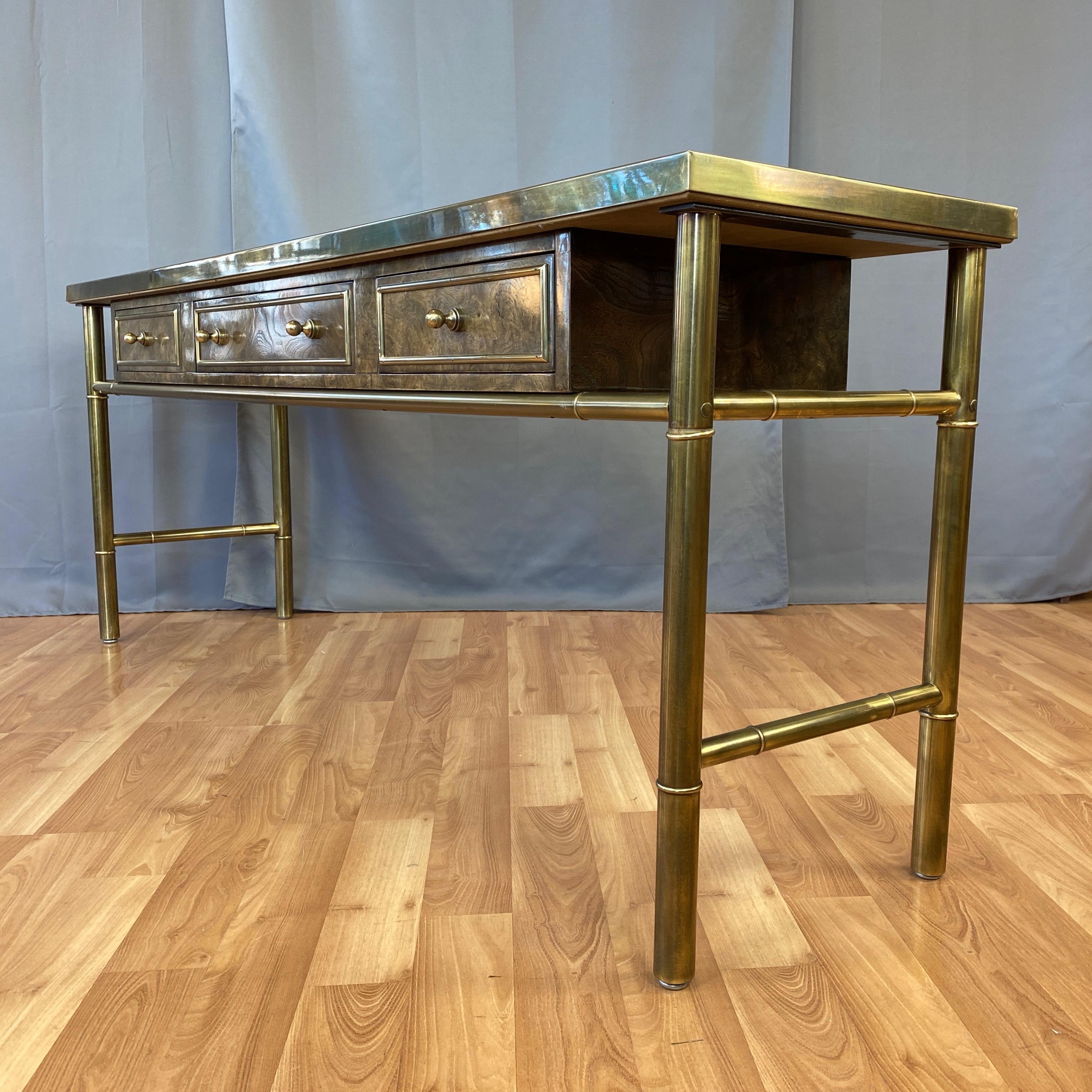 Mastercraft Brass and Burl Wood Three-Drawer Console Table, 1970s 8