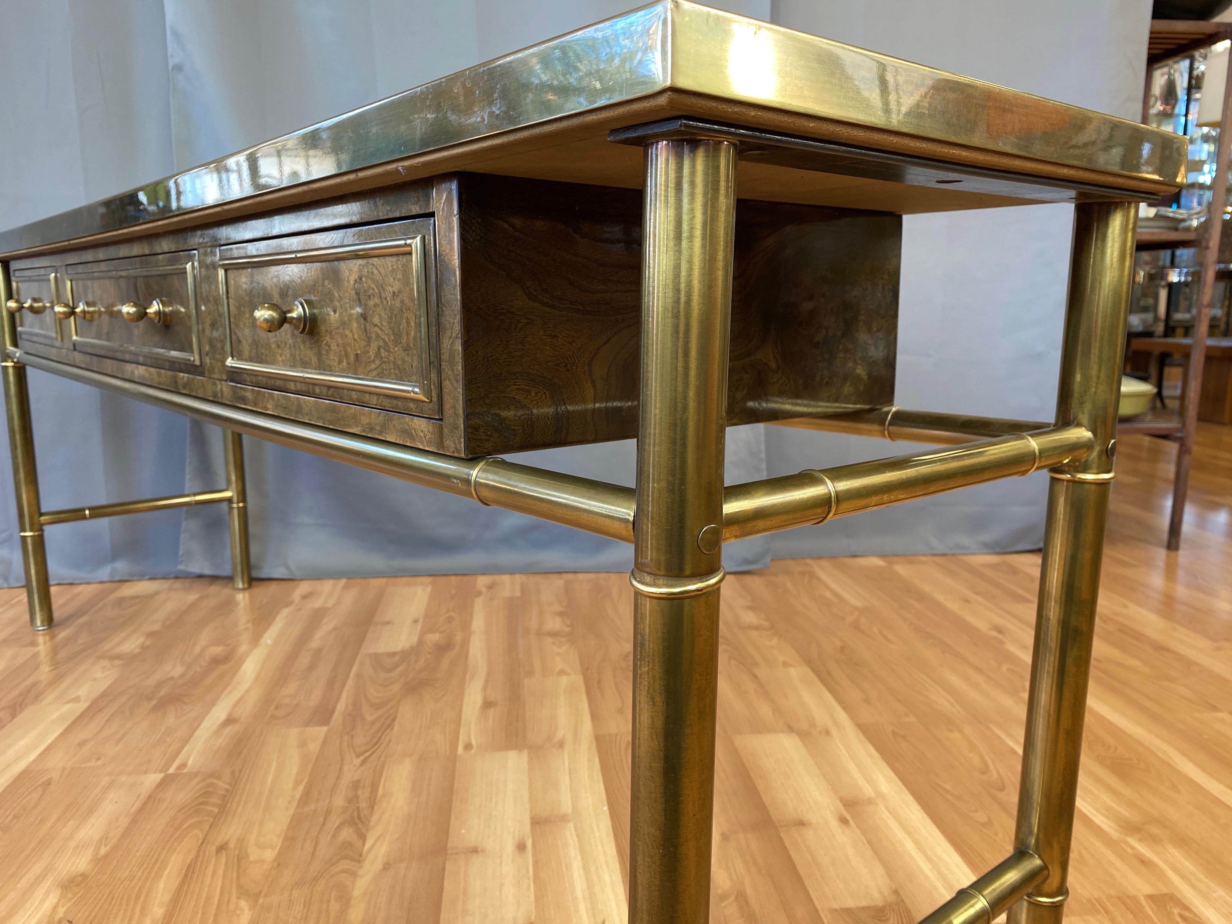 Mastercraft Brass and Burl Wood Three-Drawer Console Table, 1970s 9