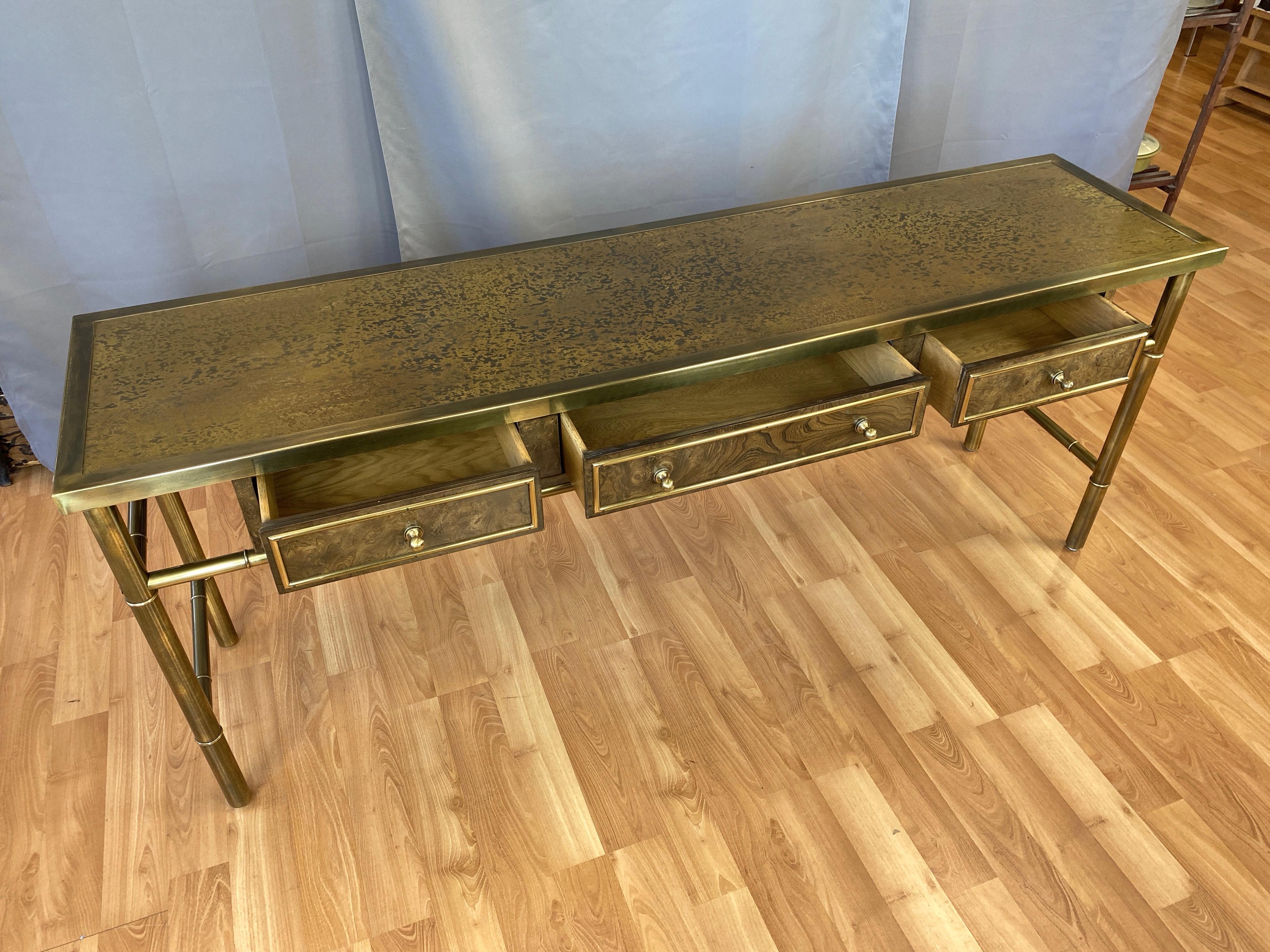 Hollywood Regency Mastercraft Brass and Burl Wood Three-Drawer Console Table, 1970s