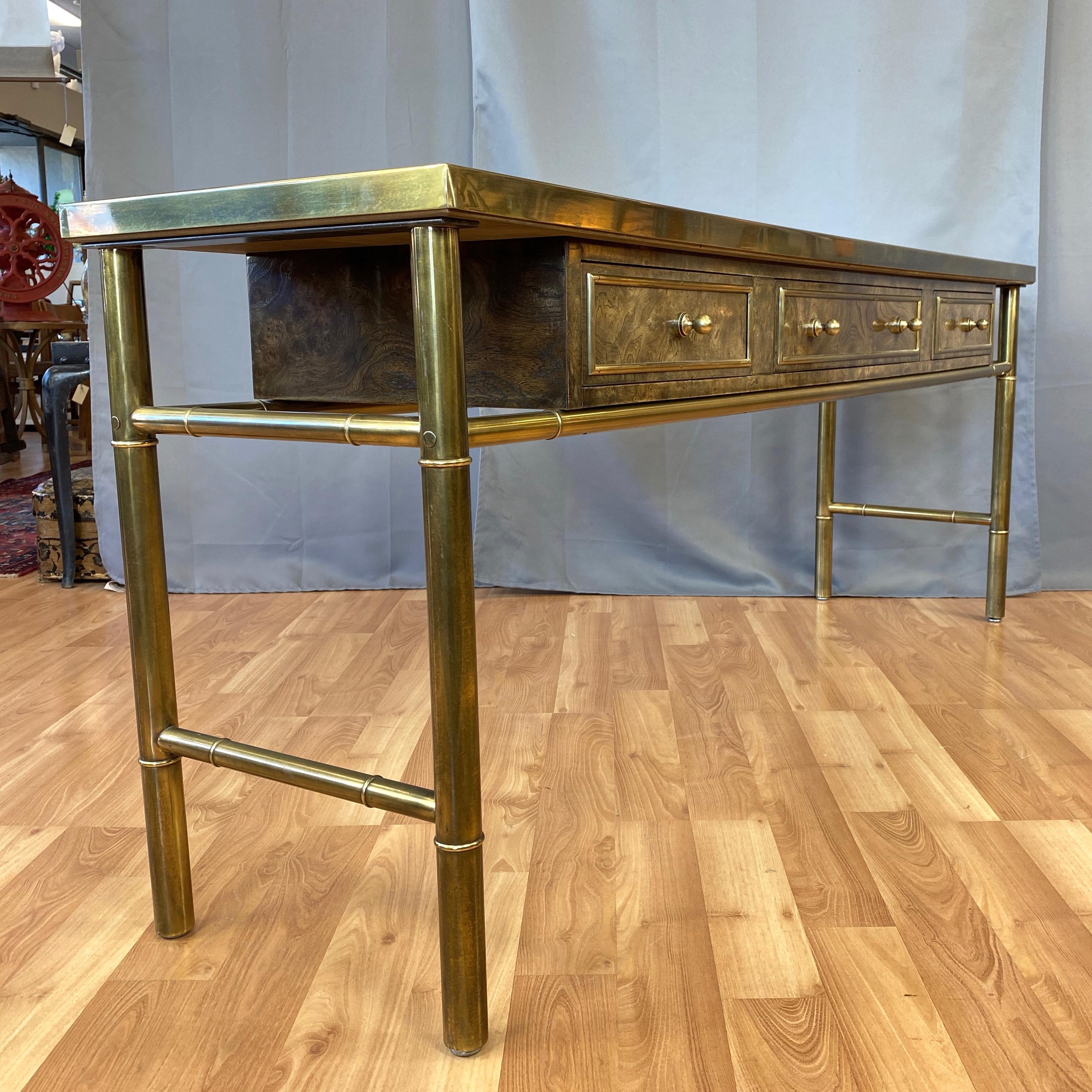 American Mastercraft Brass and Burl Wood Three-Drawer Console Table, 1970s