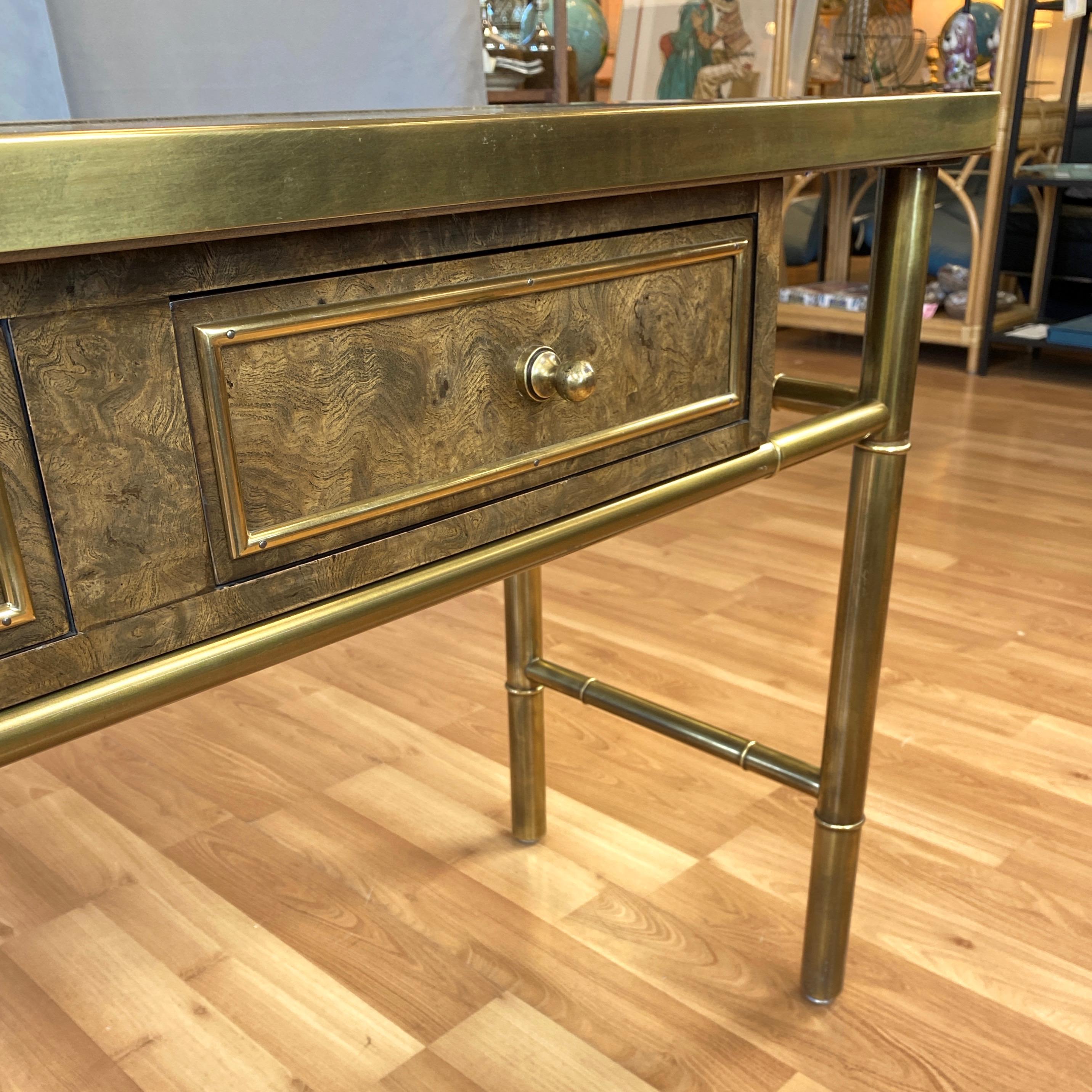 Etched Mastercraft Brass and Burl Wood Three-Drawer Console Table, 1970s