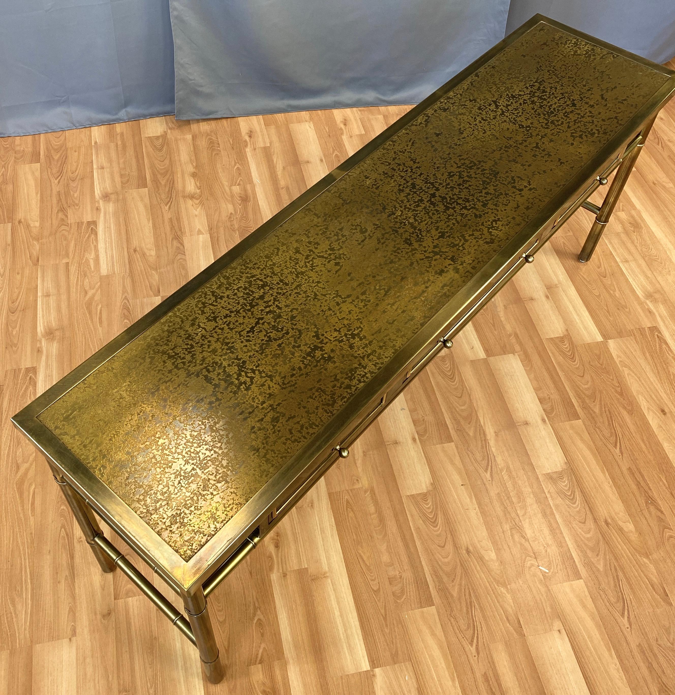 Late 20th Century Mastercraft Brass and Burl Wood Three-Drawer Console Table, 1970s