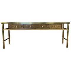 Mastercraft Brass and Burl Wood Three-Drawer Console Table, 1970s