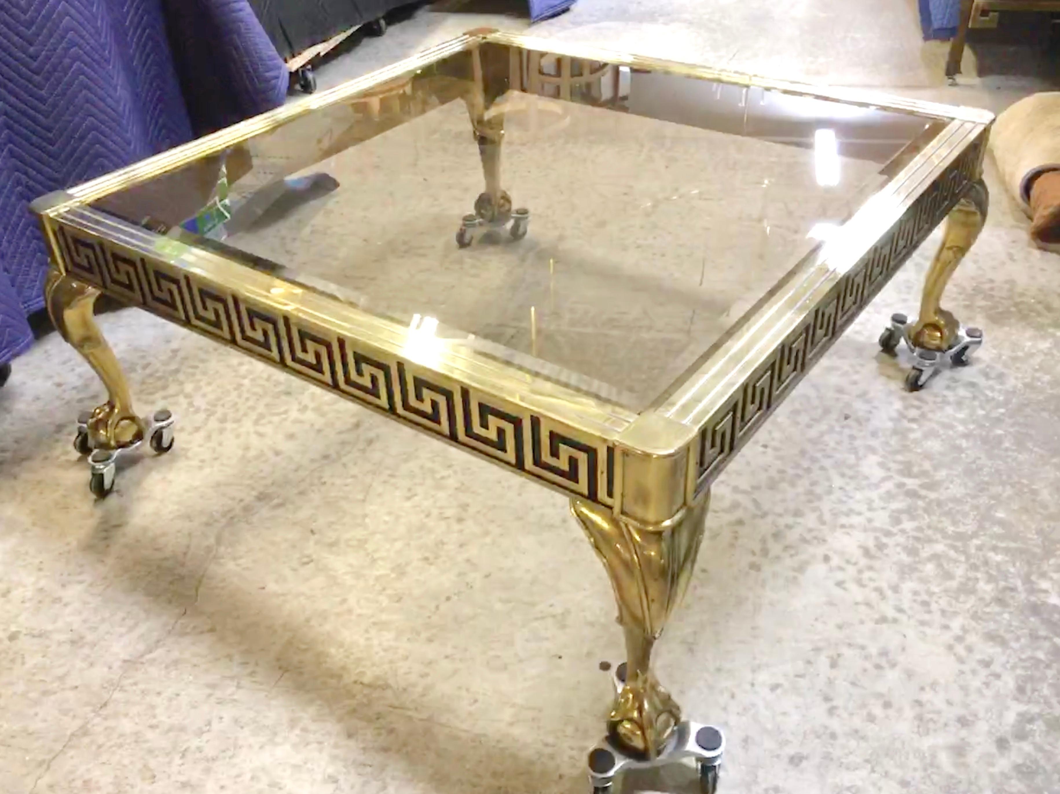 Mastercraft Brass and Glass Cocktail Table with Greek Key Meander 3