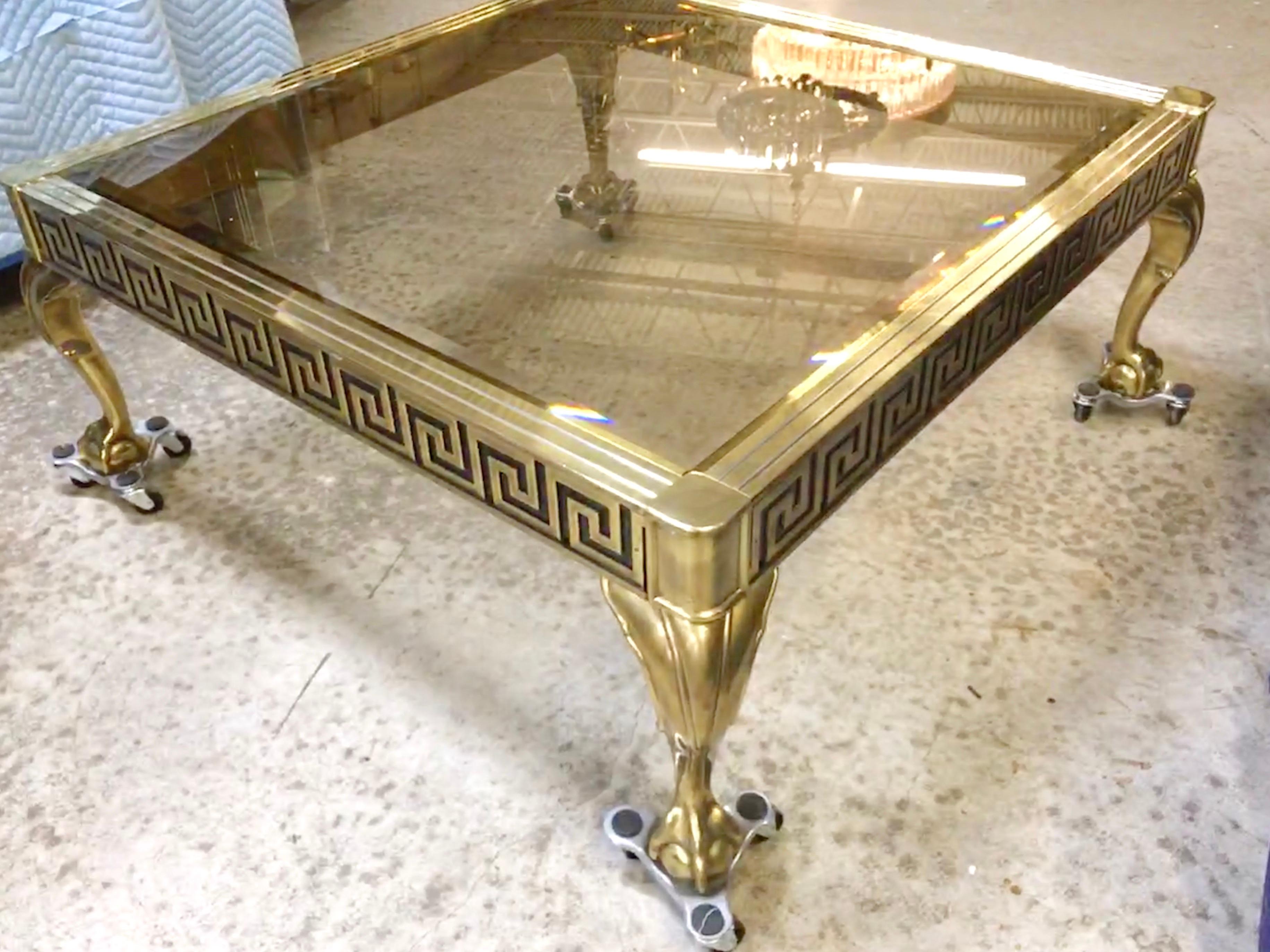 Mastercraft Brass and Glass Cocktail Table with Greek Key Meander 4
