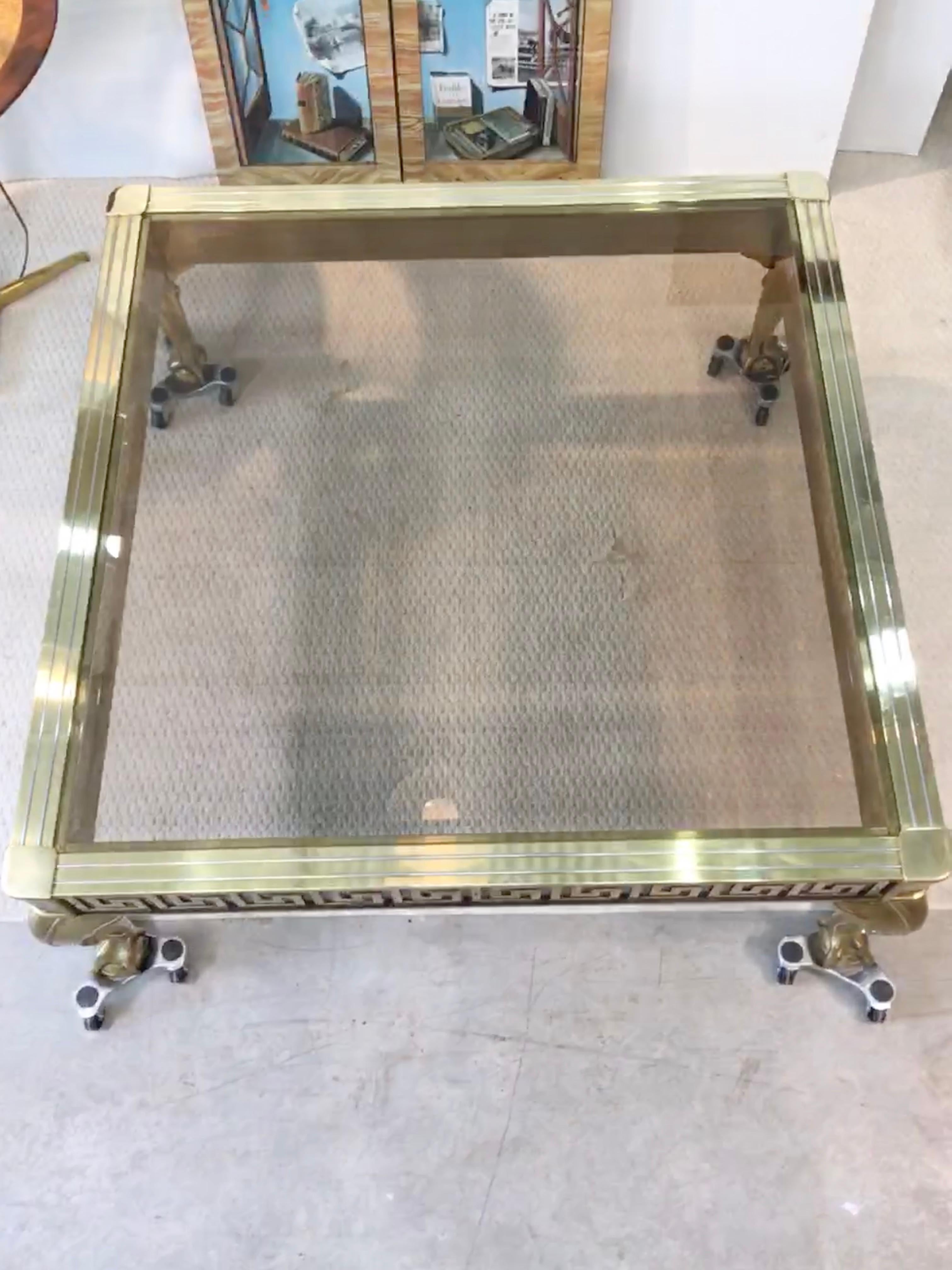 Mastercraft Brass and Glass Cocktail Table with Greek Key Meander 11