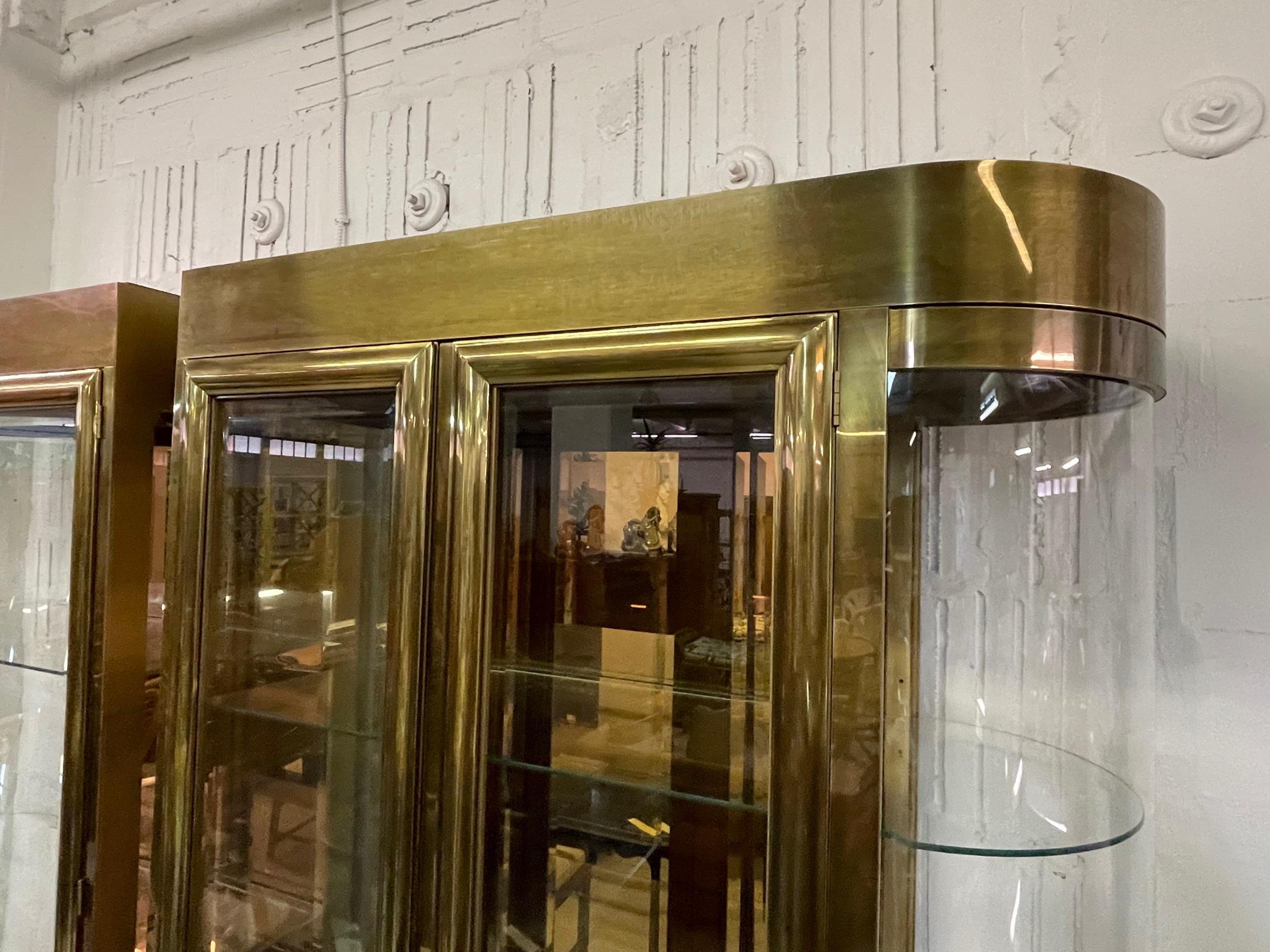 Hollywood Regency Mastercraft Brass and Glass Display or Vitrine Cabinets, a Pair
